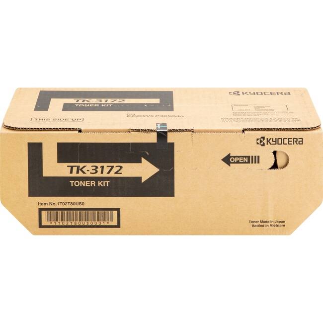 TK-3172 TONER KIT  
Item No. 1T02T80US0  
*1T02T80US0001*  
Toner Made in Japan  
Bottled in Vietnam  

Kyocera  
TK-3172 TONER KIT  
FOR ECOSYS P1010  
THIS SIDE UP  

Kyocera Document Solutions Inc.  
www.kyocera-document-solutions.com