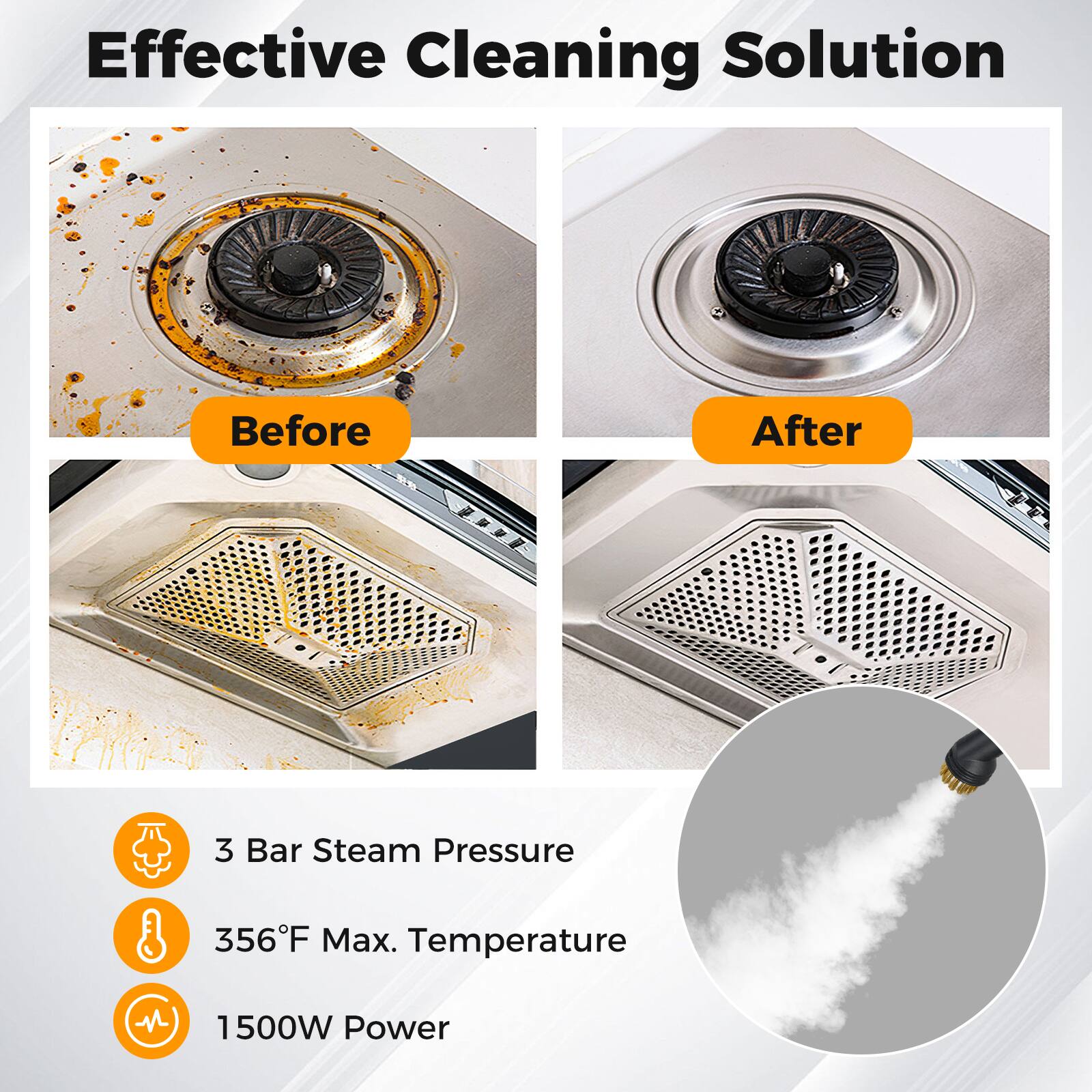 Effective Cleaning Solution

Before After

3 Bar Steam Pressure  
356°F Max. Temperature  
1500W Power