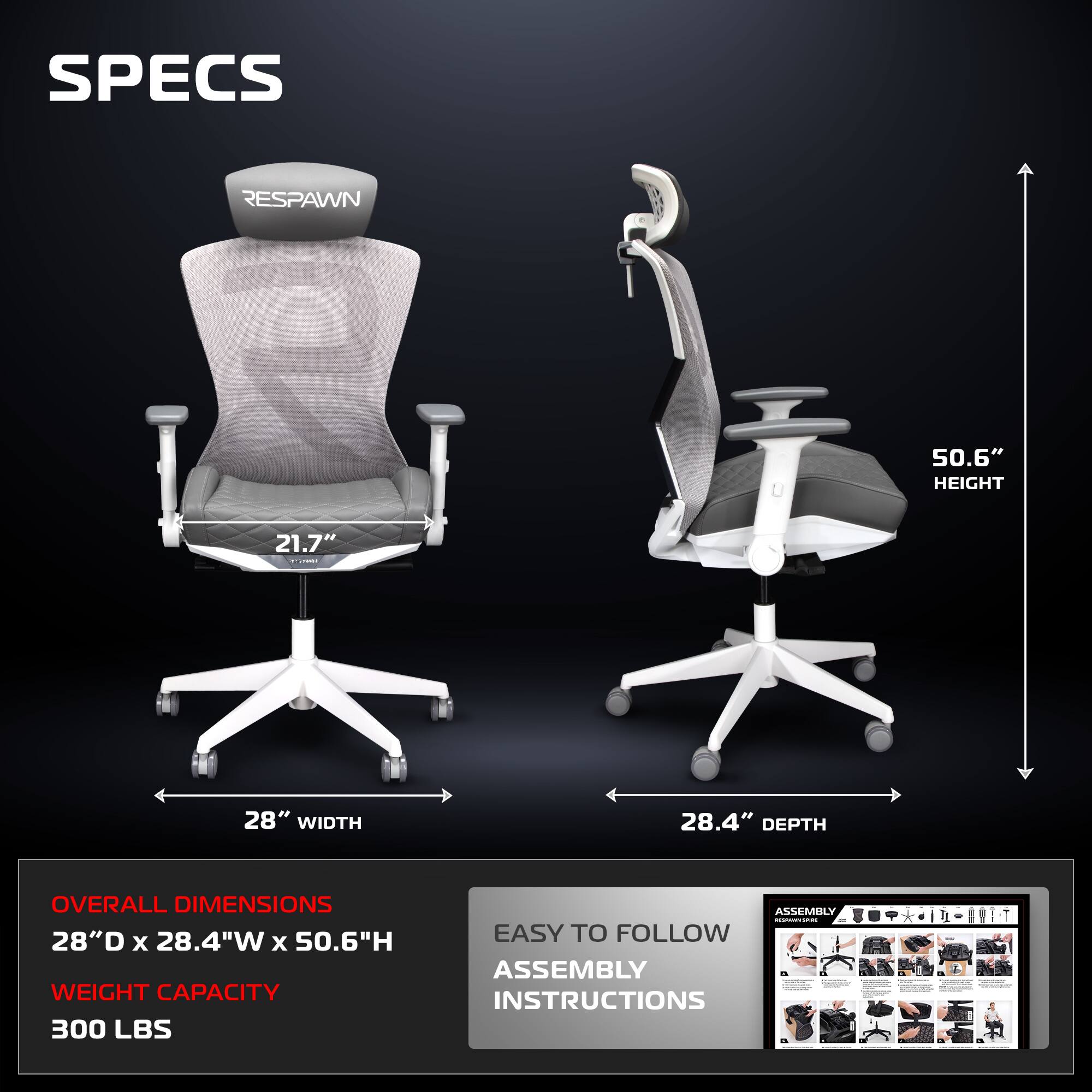 Respawn Products - RESPAWN SPIRE - Ergonomic Office Chair w/ Cooling Gel Seat Cushion, Comfy Breathable Mesh Reclining Gaming Chair - Ghost White