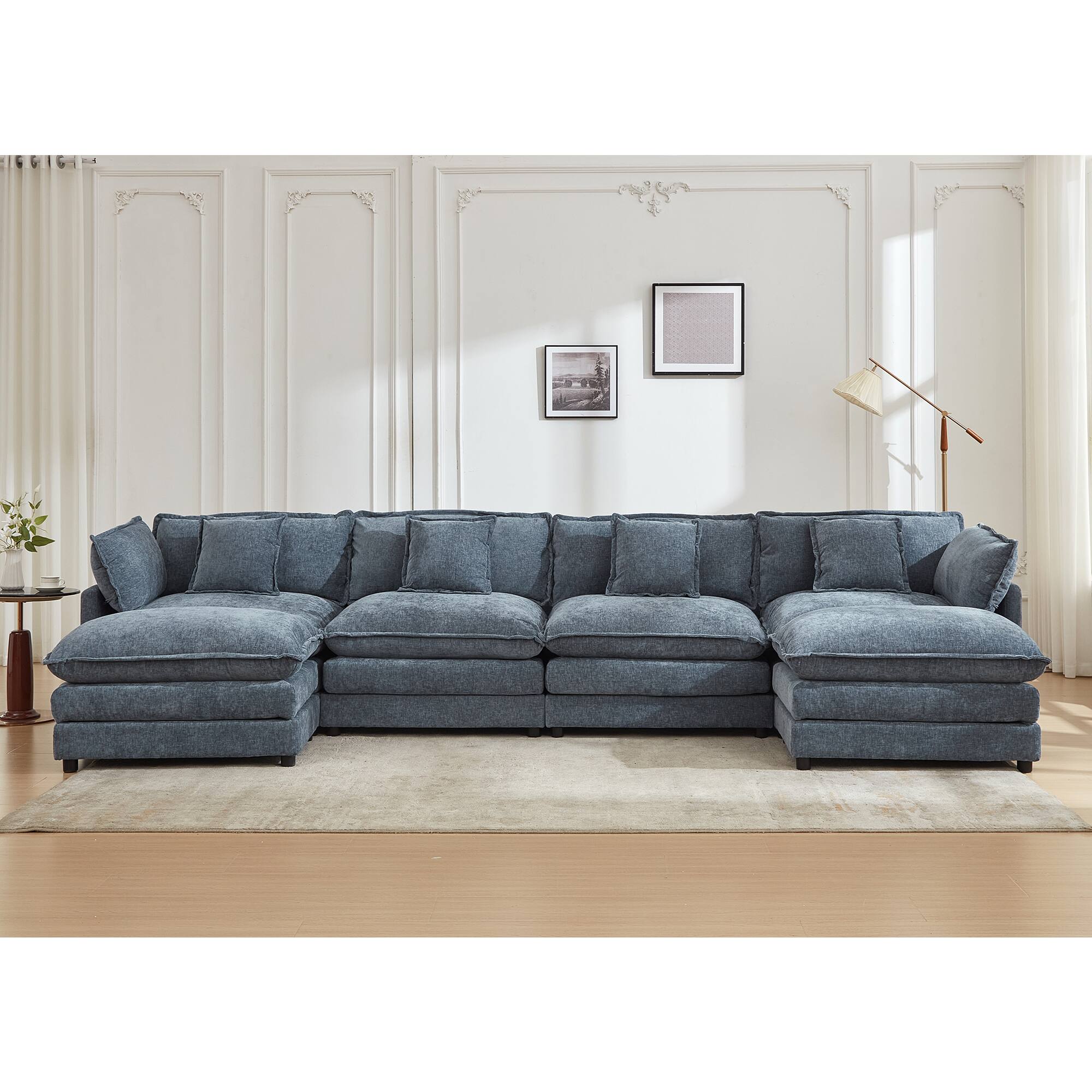 Alt View 5. KERDOM - 149 inch Chenille U-Shape Couch with Pillows, Big Family Deep Seat Modular Sofa with 2 Ottomans, Extra Large with Chaise - Blue.