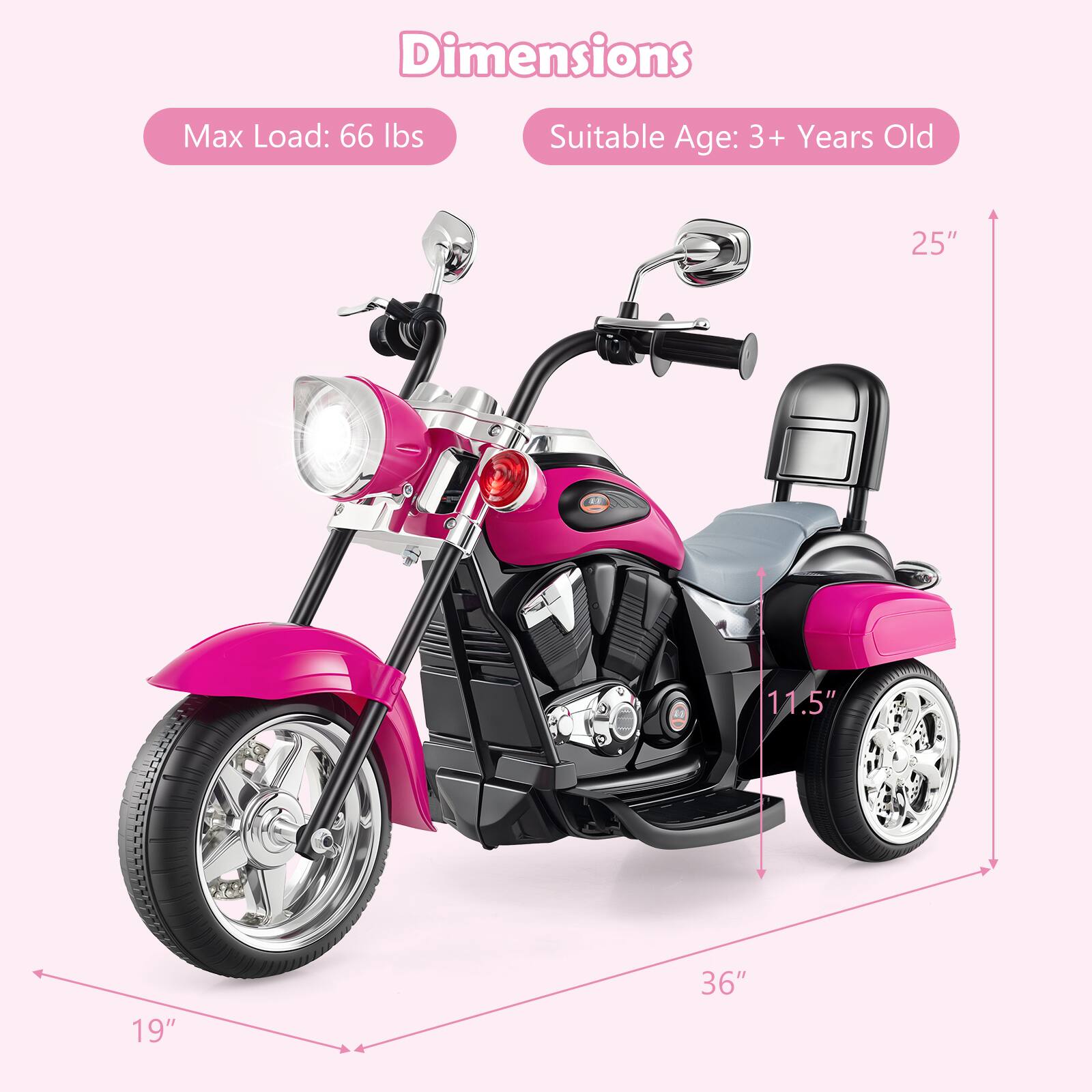 Dimensions  
Max Load: 66 lbs  
Suitable Age: 3+ Years Old  

25"  
11.5"  
19"  
36"