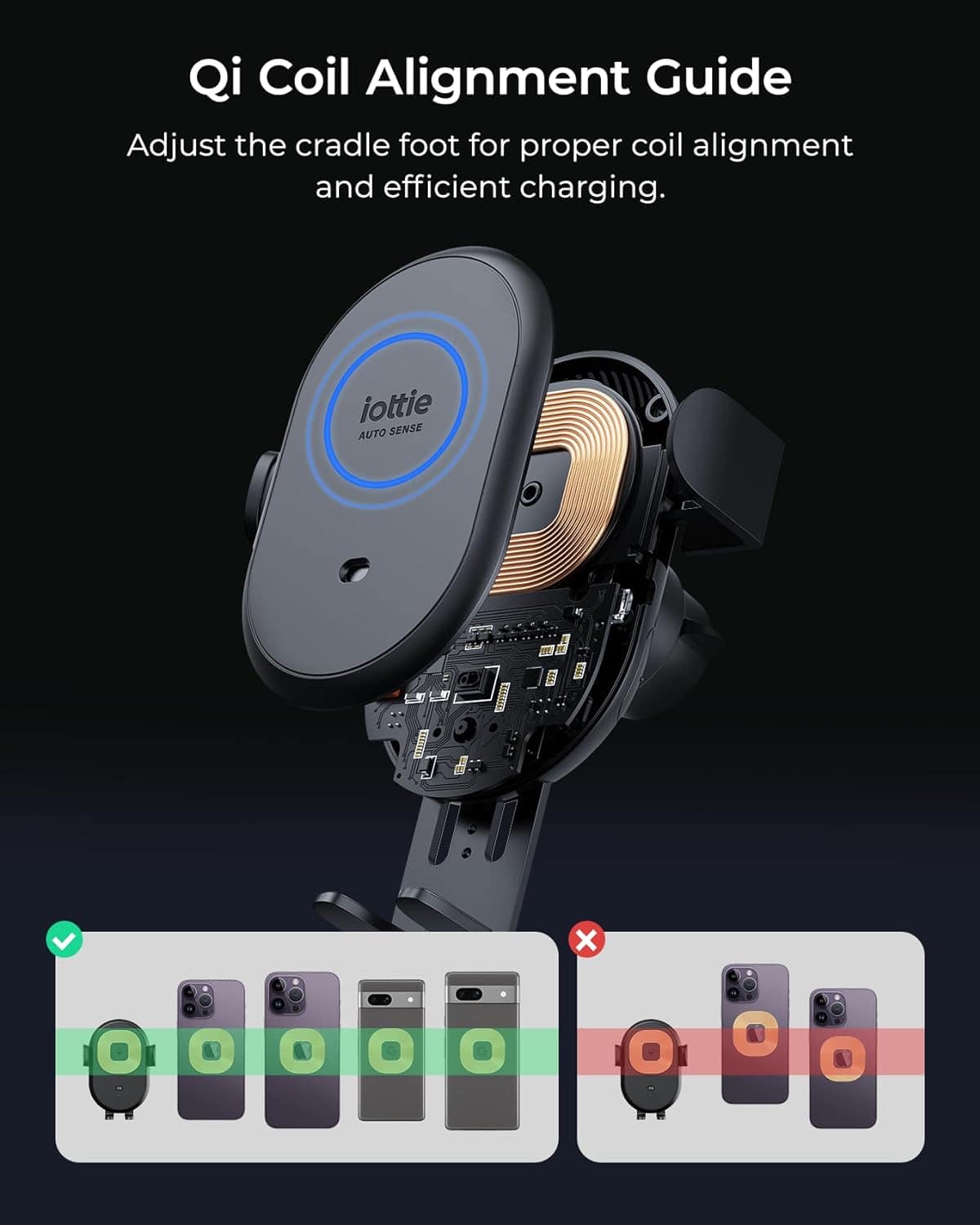 Qi Coil Alignment Guide Adjust the cradle foot for proper coil alignment and efficient charging. iottie AUTO SENSE x O O O O O O O