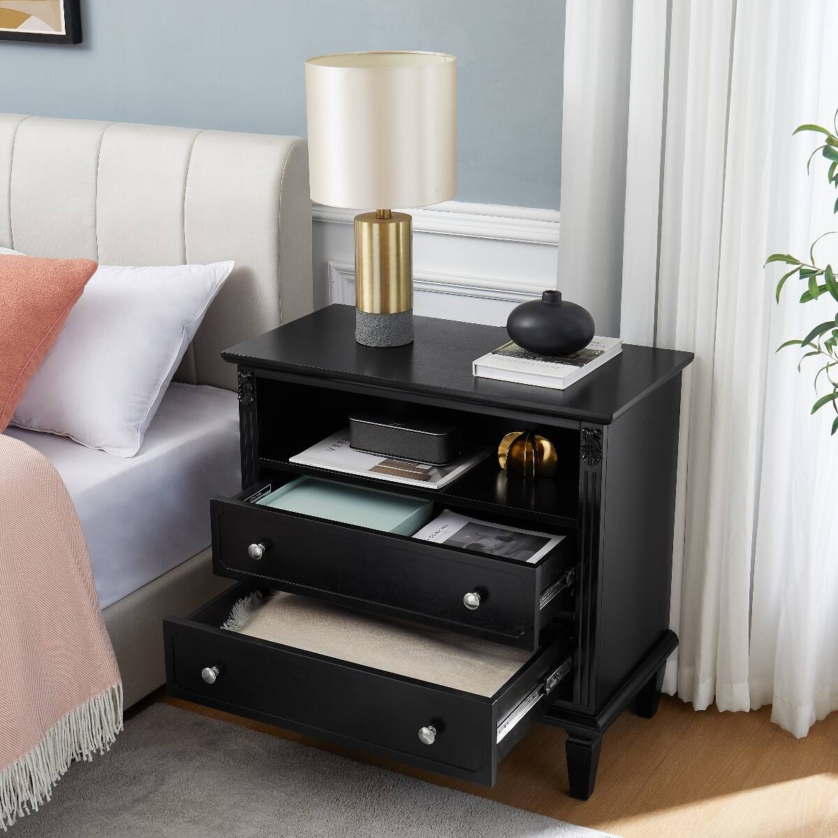 Back. Loheer - Loheer Black Nightstand With Charging Station, Two Drawers and Open Shelf - Black.