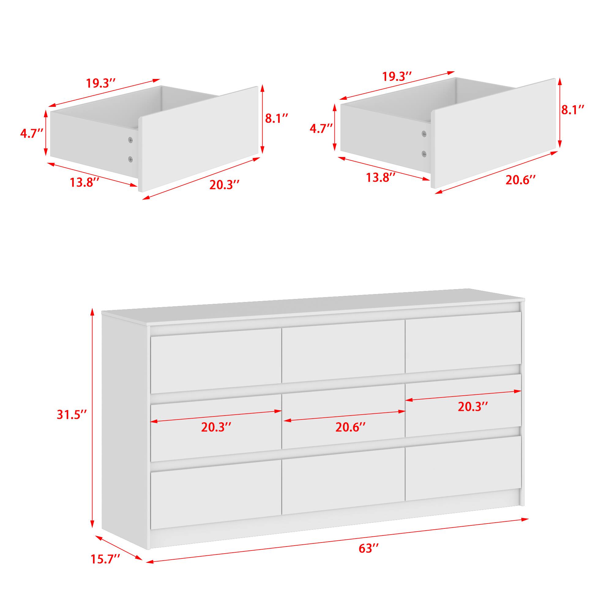 19.3" x 20.3" x 13.8" x 4.7" x 8.1"  
19.3" x 20.6" x 13.8" x 4.7" x 8.1"  
63" x 20.3" x 20.6" x 31.5" x 15.7"