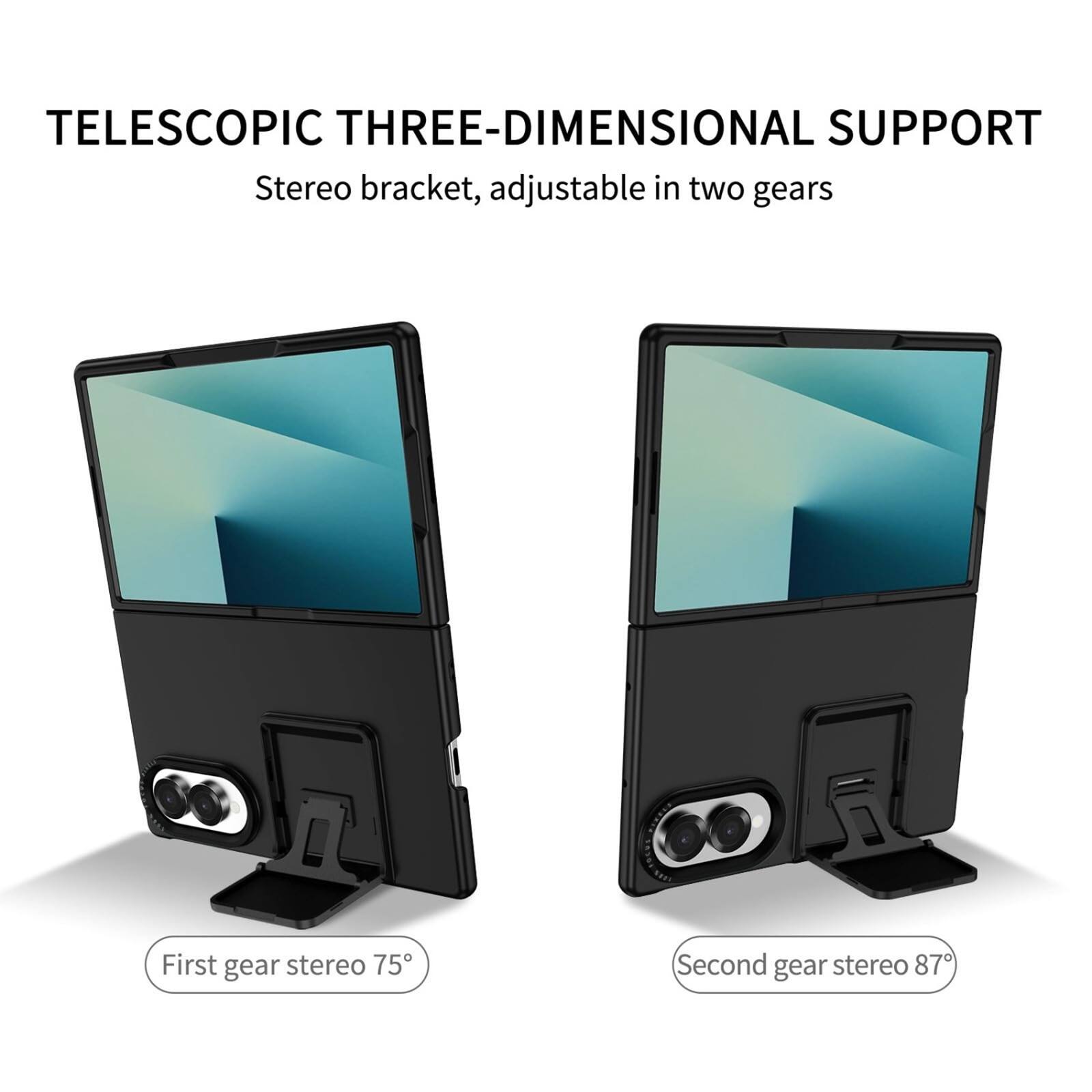 TELESCOPIC THREE-DIMENSIONAL SUPPORT  
Stereo bracket, adjustable in two gears

First gear stereo 75°  
Second gear stereo 87°