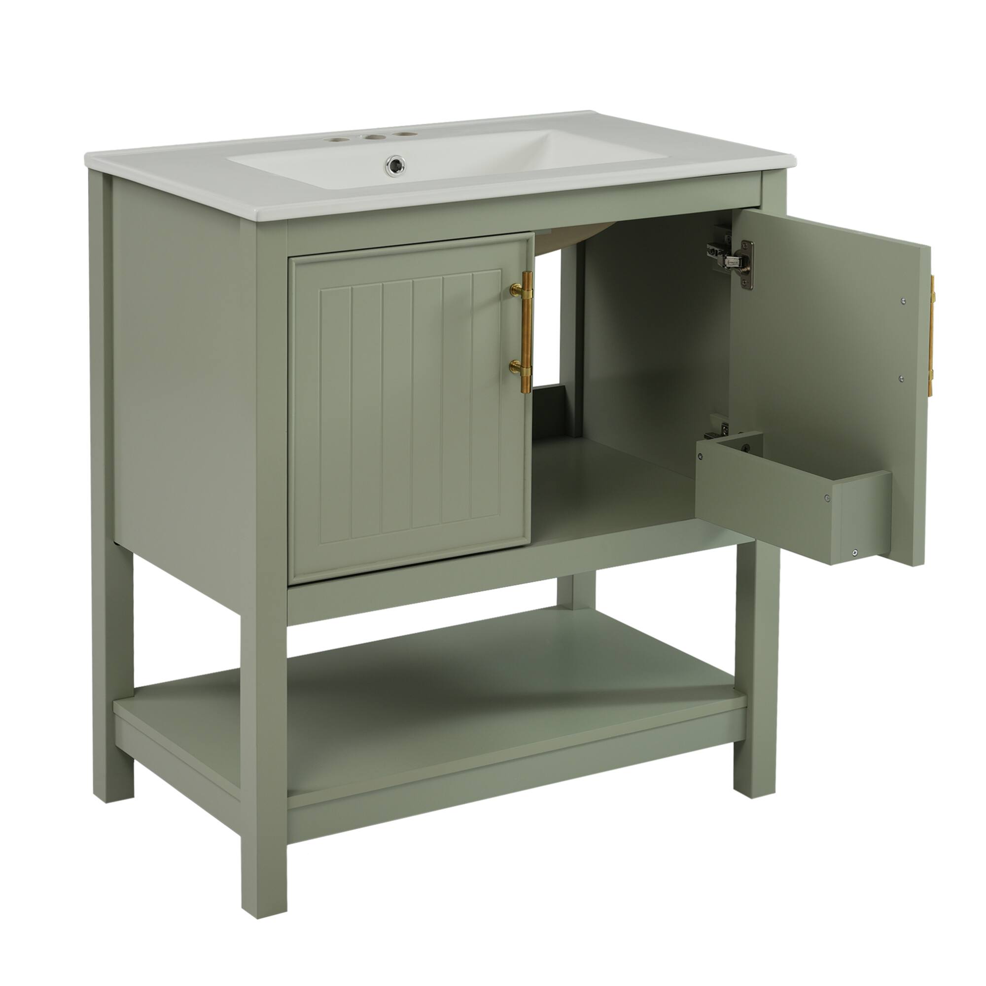 Alt View 9. ELEMENT ACE - Compact White Bathroom Vanity with Integrated Ceramic Sink and Spacious Storage Solution - Green.