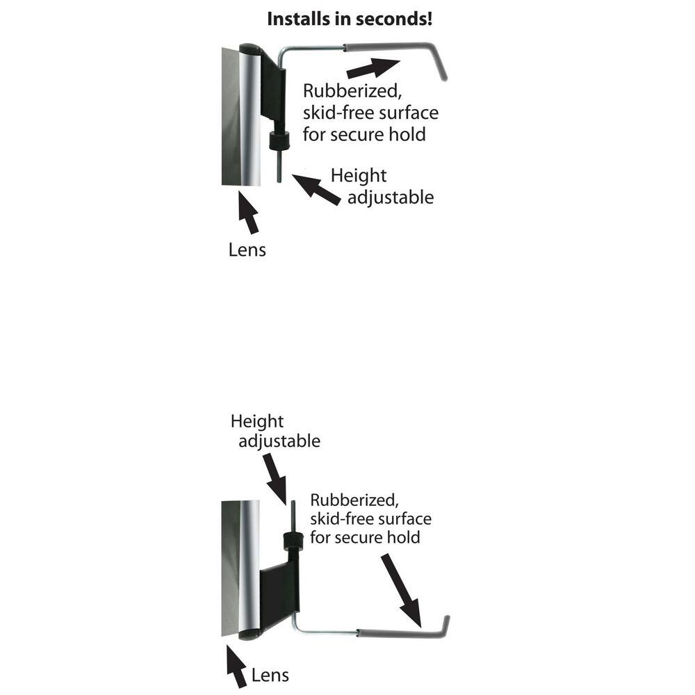 Installs in seconds!  
Rubberized, skid-free surface for secure hold  
Height adjustable  

Lens