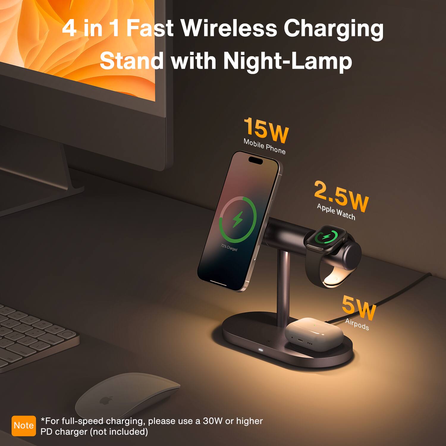 4 in 1 Fast Wireless Charging Stand with Night-Lamp

15W Mobile Phone
2.5W Apple Watch
5W Airpods

*For full-speed charging, please use a 30W or higher PD charger (not included)