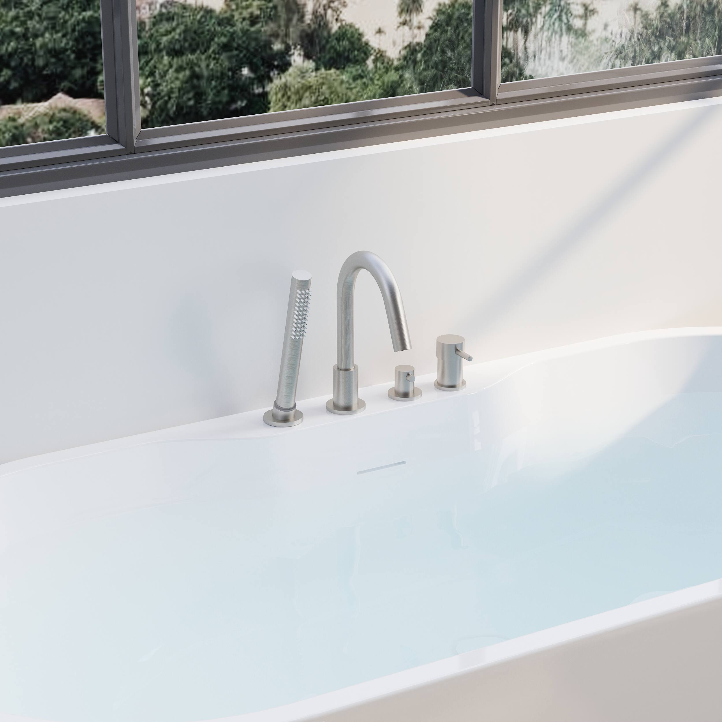 Back. WELLFOR - Nava 65 in. x 29.5 in. Acrylic Oval Freestanding Soaking Bathtub with Center Drain and Widened Deck for Storage - White.