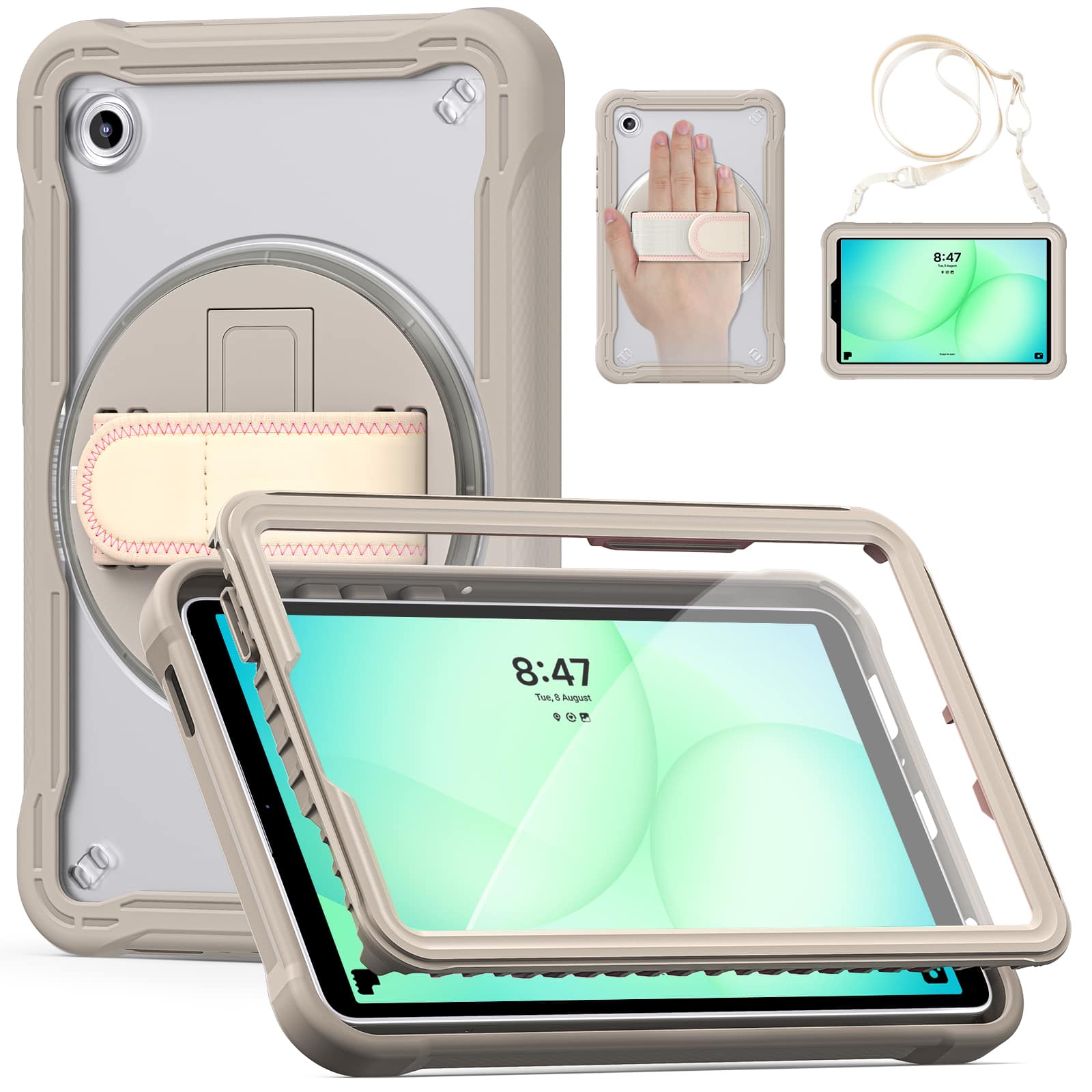 UUCOVER - Built-in Screen Protector Case for Samsung Galaxy Tab A11 8.7" 2025 ,Shockproof TPU+PC Case Stand Cover+Shoulder Strap - Khaki