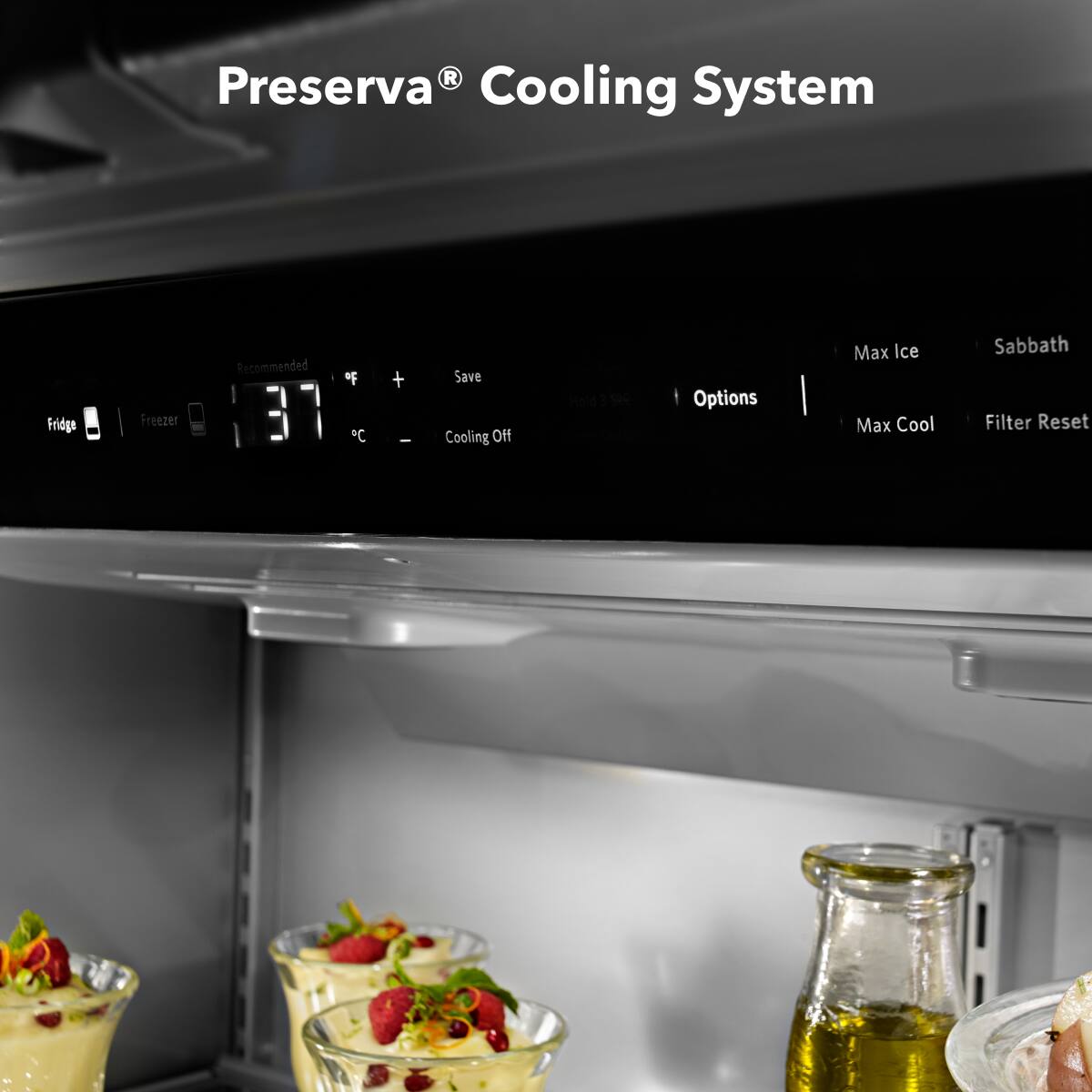 Preserva® Cooling System

Recommended 37°C

Fridge Freezer

Save Cooling Off

Options

Max Ice Sabbath

Max Cool Filter Reset