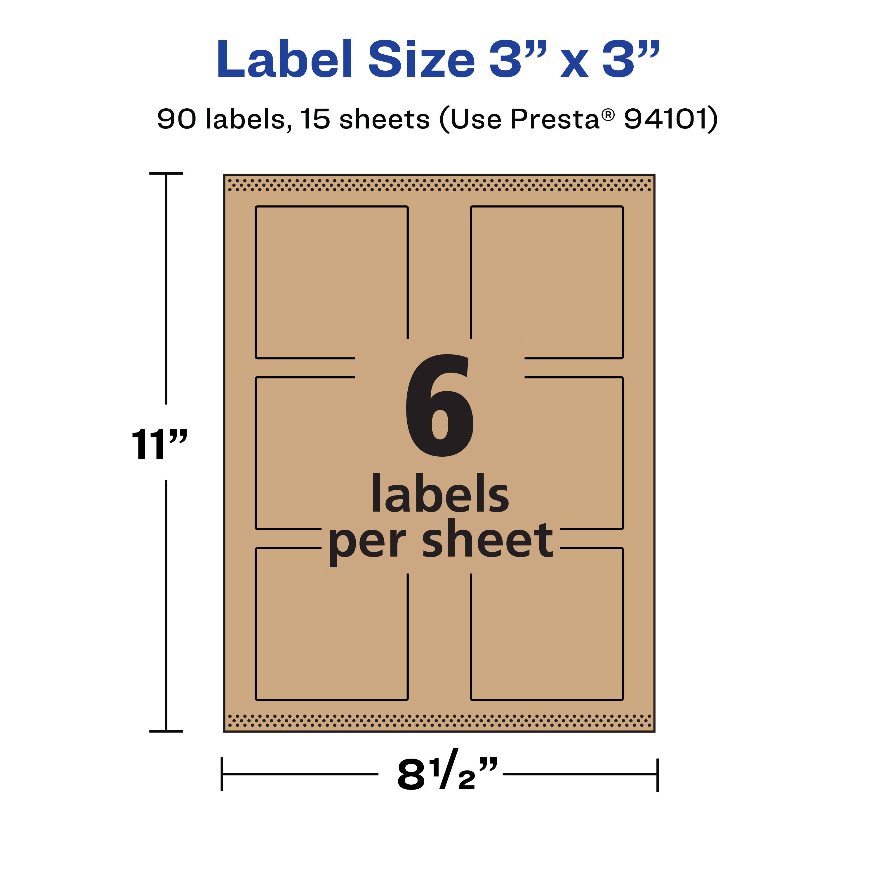 Label Size 3" x 3"  
90 labels, 15 sheets (Use Presta® 94101)  
11"  
6 labels per sheet  
8½"