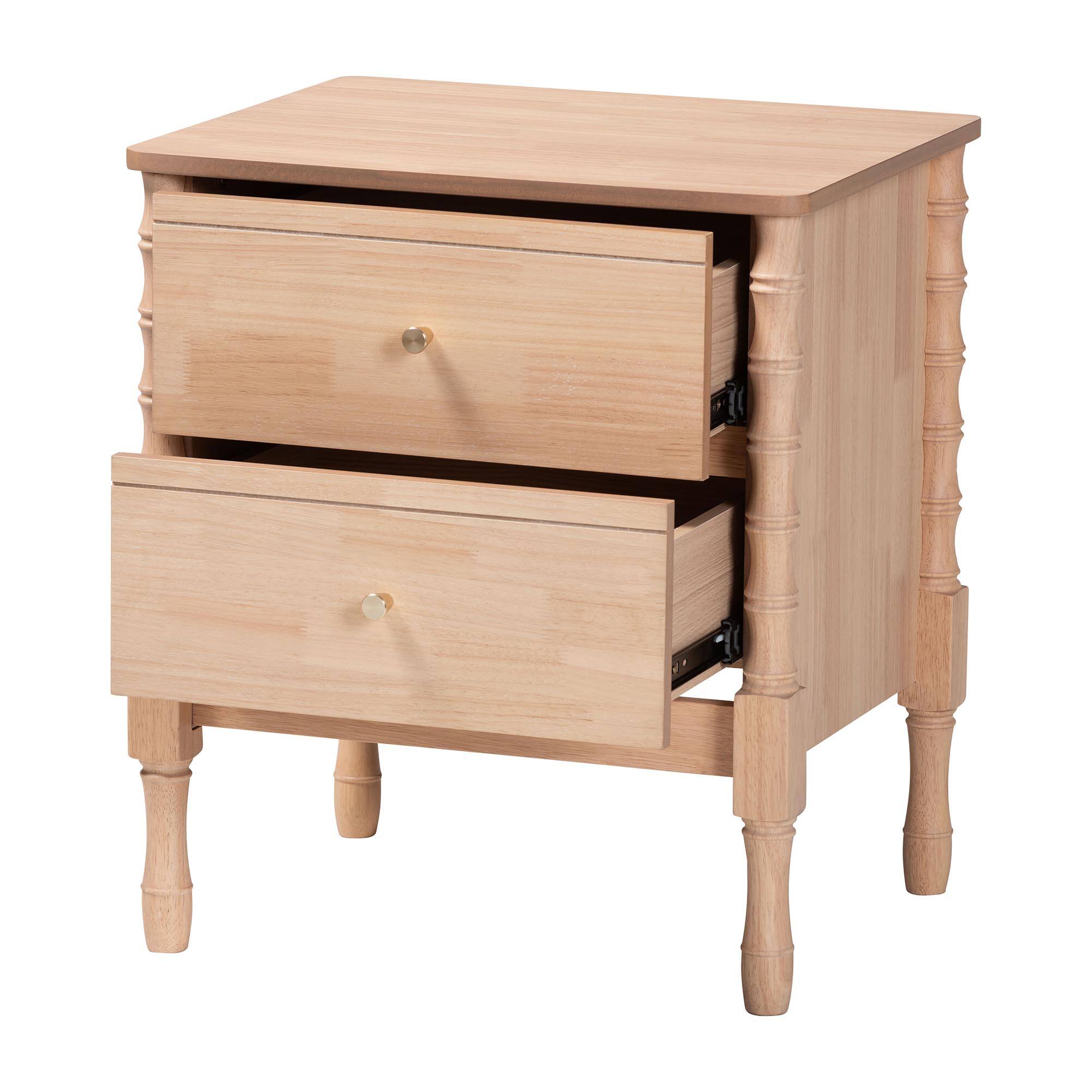 Angle. Baxton Studio - Baxton Studio Laurent Nightstand - 2-Drawer Bedside Table with Bamboo-Style Turned Legs - Beech Brown.