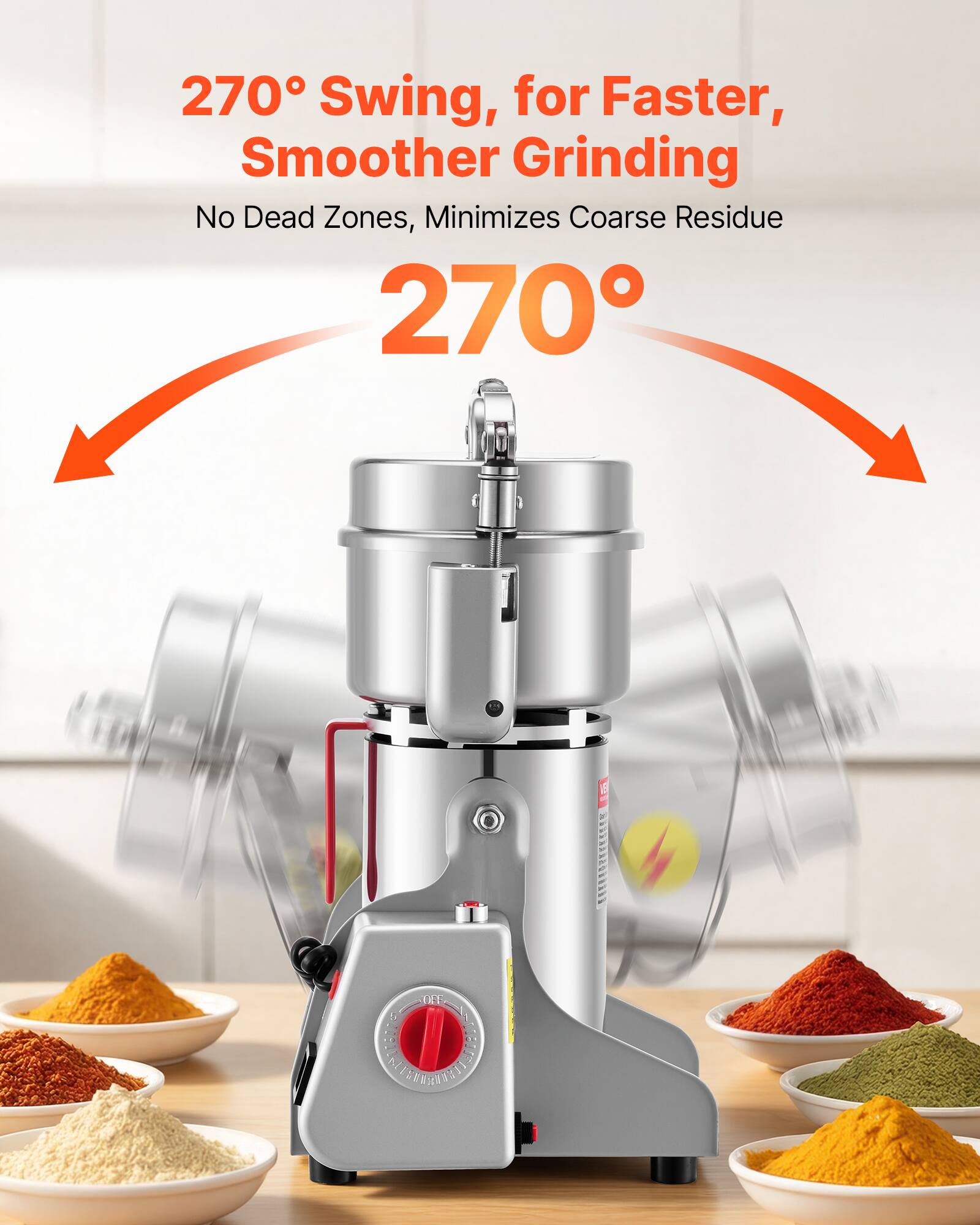 270° Swing, for Faster, Smoother Grinding  
No Dead Zones, Minimizes Coarse Residue  
270°
