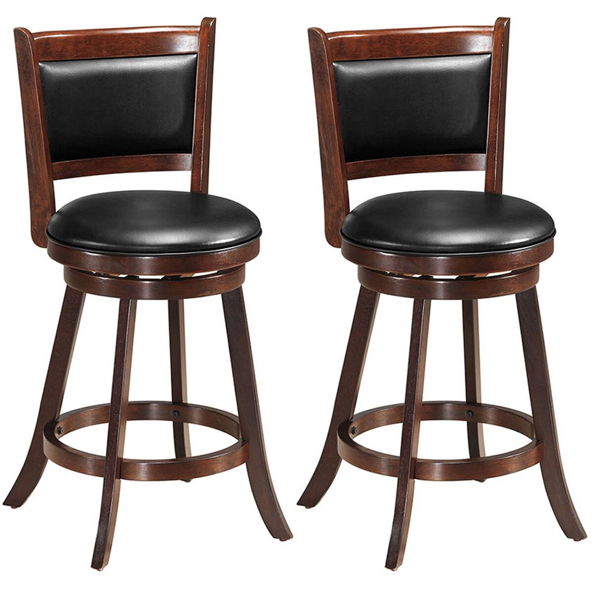 Front. Costway - Costway Set of 2 24" Swivel Counter Stool Wooden Dining Chair Upholstered Seat Espresso Panel back - Espresso,Black.