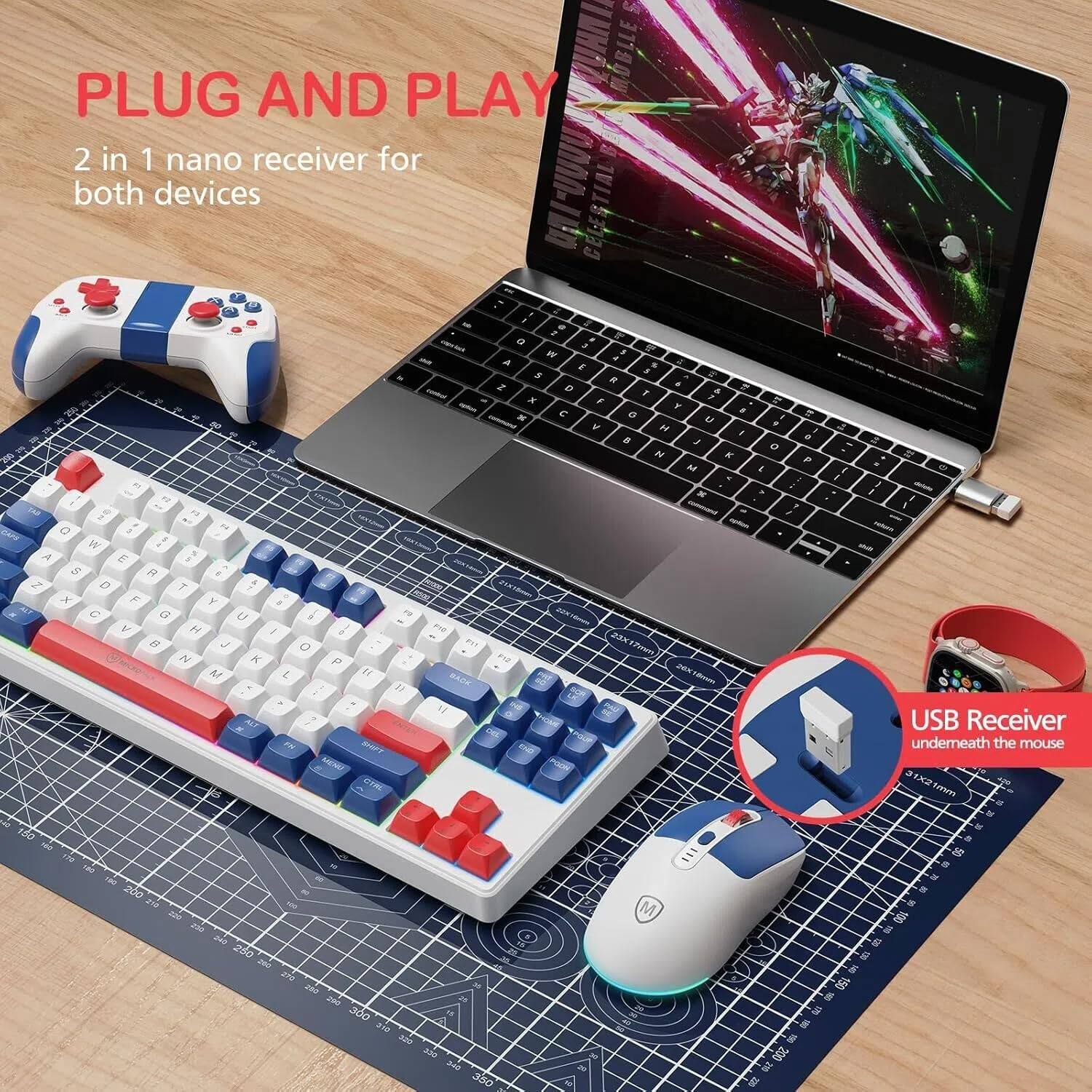 PLUG AND PLAY  
2 in 1 nano receiver for both devices  

USB Receiver underneath the mouse