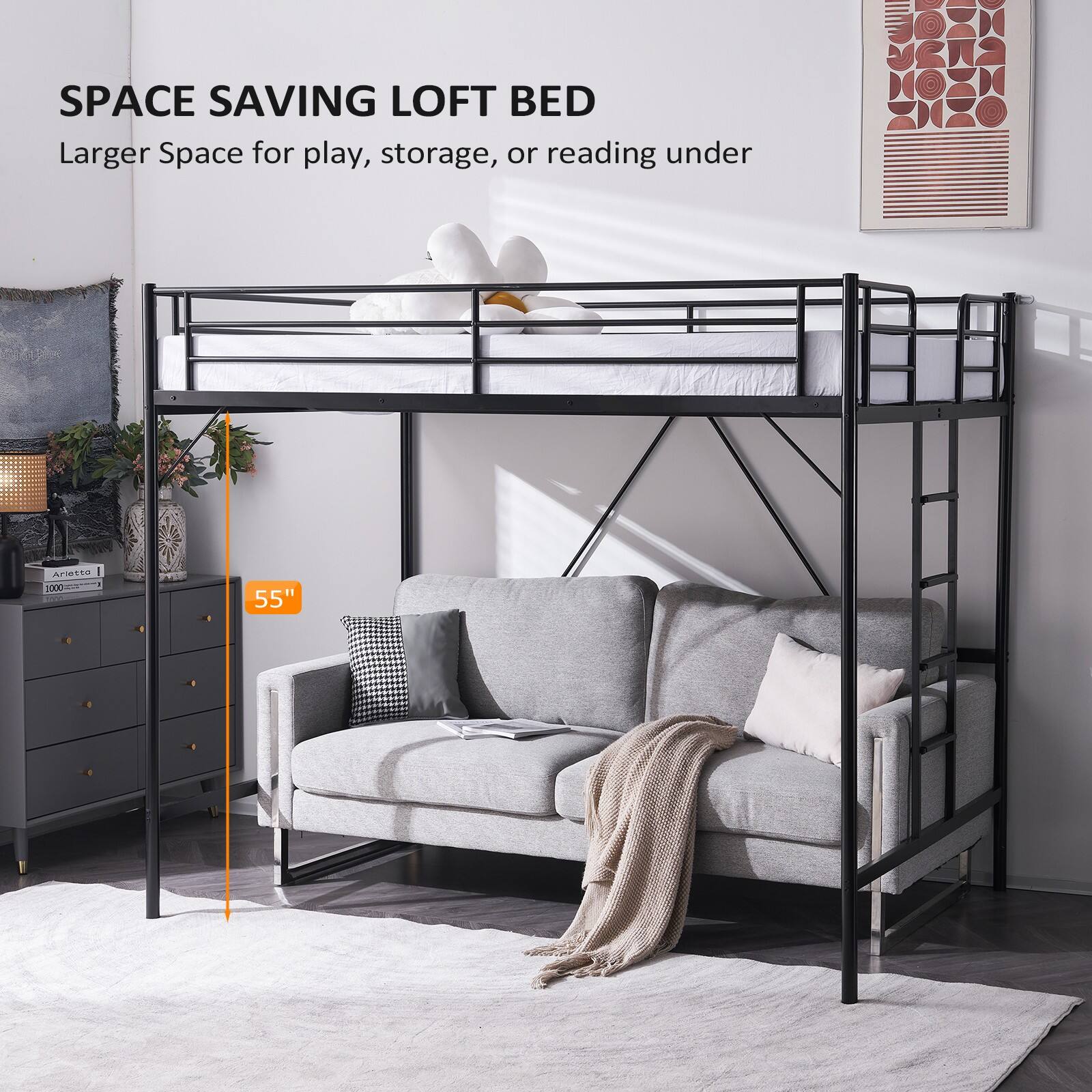 SPACE SAVING LOFT BED  
Larger Space for play, storage, or reading under  

55"