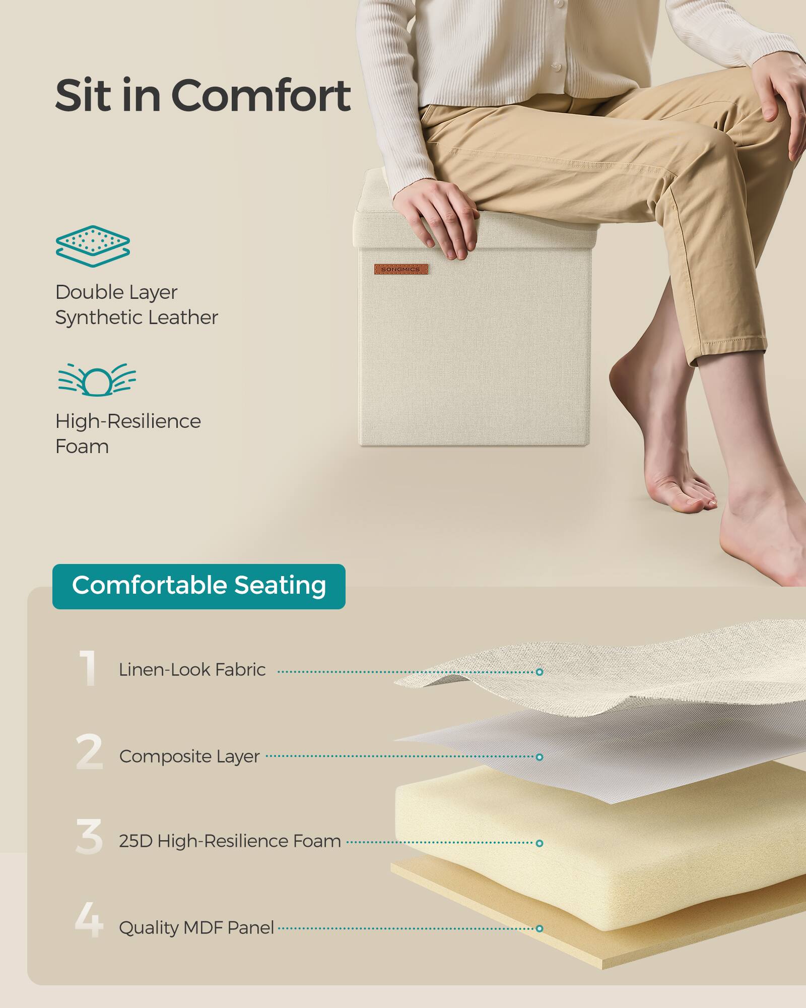 Sit in Comfort

- Double Layer Synthetic Leather
- High-Resilience Foam

Comfortable Seating

1. Linen-Look Fabric
2. Composite Layer
3. 25D High-Resilience Foam
4. Quality MDF Panel