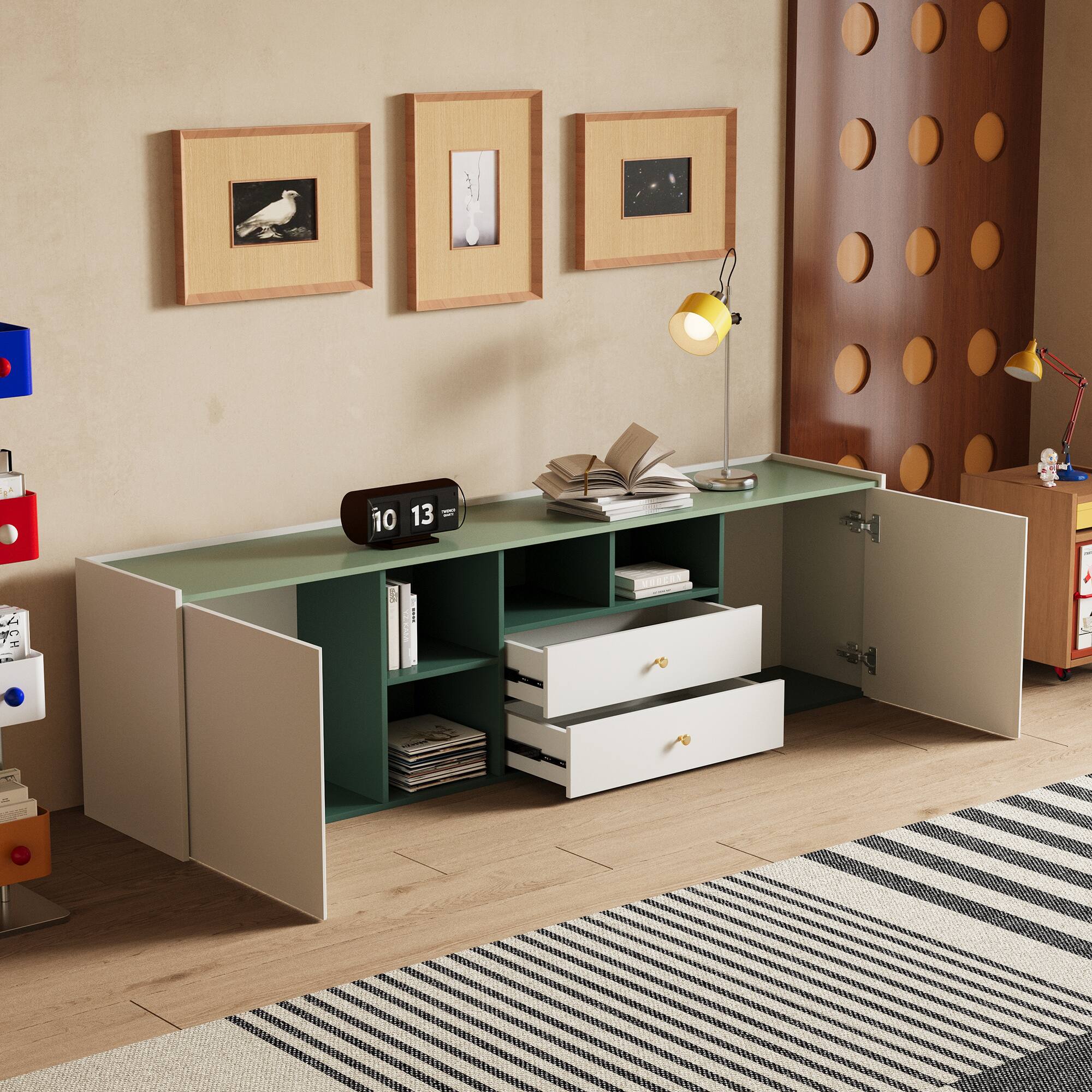 Angle. luck idea - Modern Minimalist 78.7” TV Stand, Gold Pulls & Hidden Handles, Large Storage Media Console - Green.
