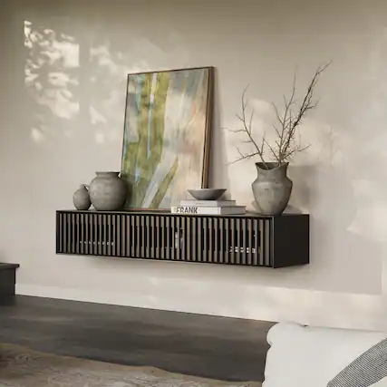 Front. POVISON - 63" Black Floating TV Stand, Modern Minimalist, Four Drawers, Fully-Assembled - Black.
