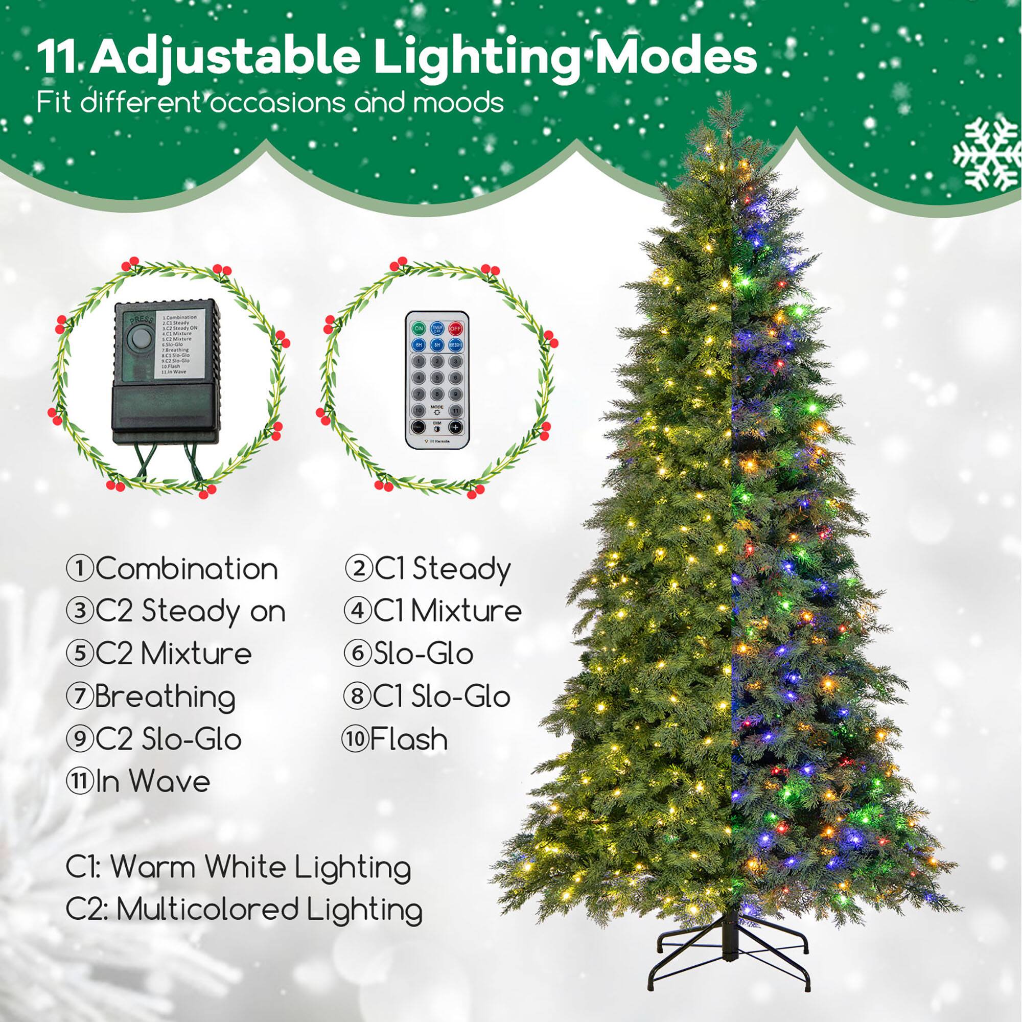 11. Adjustable Lighting Modes  
Fit different occasions and moods  

1. Combination  
2. C1 Steady  
3. C2 Steady on  
4. C1 Mixture  
5. C2 Mixture  
6. Slo-Glo  
7. Breathing  
8. C1 Slo-Glo  
9. C2 Slo-Glo  
10. Flash  
11. In Wave  

C1: Warm White Lighting  
C2: Multicolored Lighting