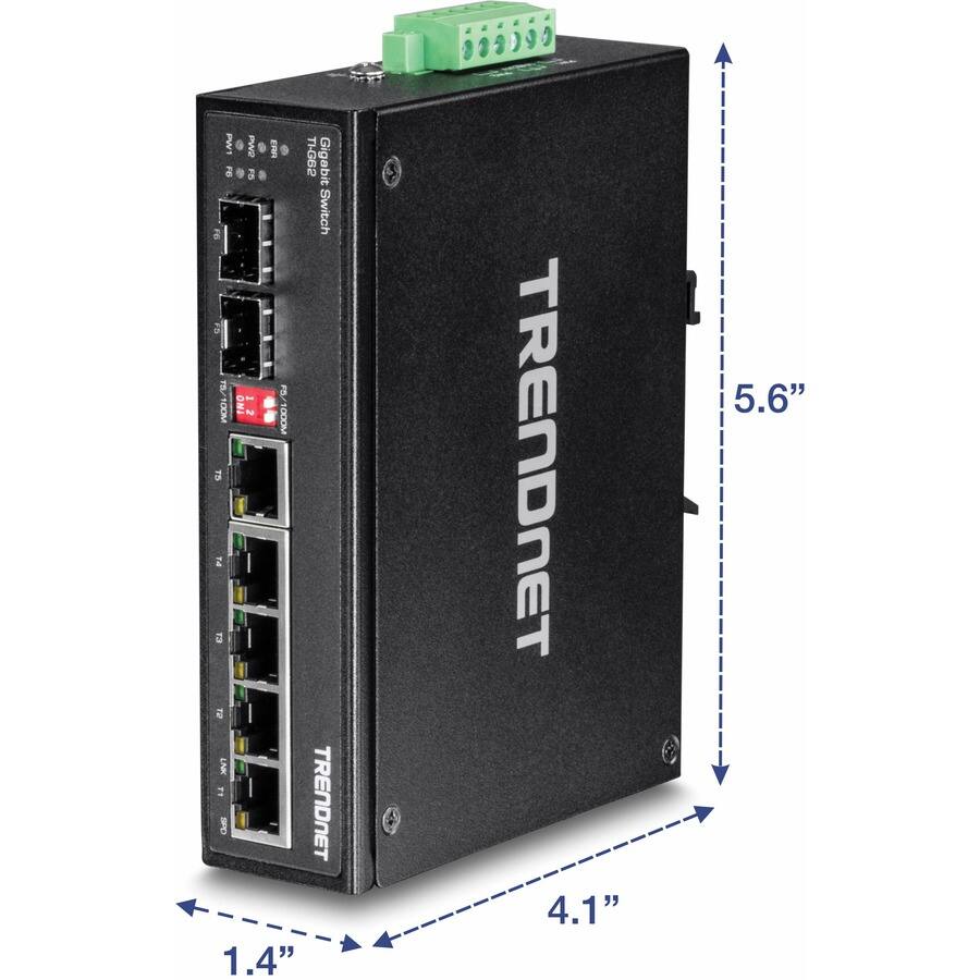 TRENDNET  
Gigabit Switch  

PW 9 PW2 D Enn 9 a 9 FS TI-G62 Gigabit a FB Switch a 2 FS/100M O : ODD TS ne E T2 NK E4 C  

1.4" 4.1" 5.6"