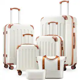 LUGGEX - Luggage Sets 6 Piece Hardside Suitcase with Wheels, TSA Approved,Tote Bag, Brown - White