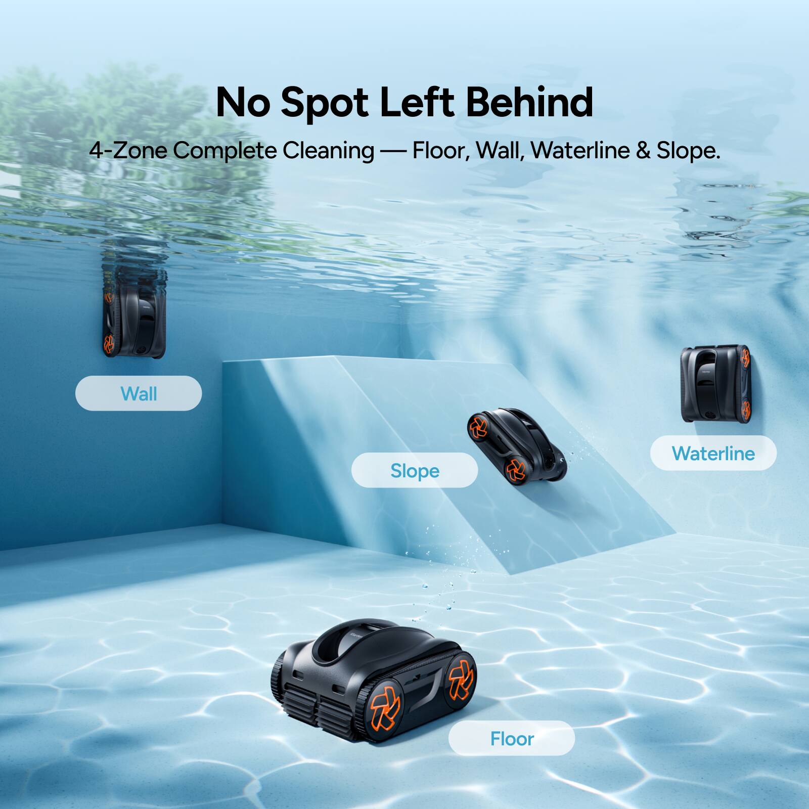 No Spot Left Behind  
4-Zone Complete Cleaning — Floor, Wall, Waterline & Slope.  
Wall  
Slope  
Waterline  
Floor
