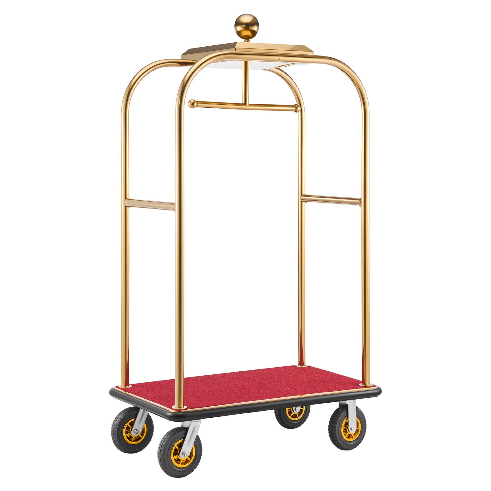 Alt View 5. VEVOR - Hotel Luggage Cart, 1200 lbs Heavy Duty Bellman Cart with Stainless Steel Frame, 8 in Rubber Wheels, Red Carpeted Deck - Gold.