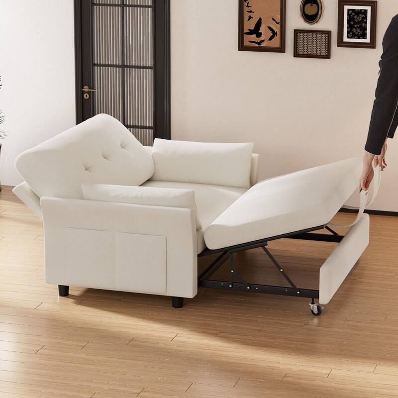 Angle. Dyonery - Dyonery 3-in-1 Pull Out Sleeper Sofa with Reclining Backrest & Side Pocket, Tool-Free Assembly, Loveseat - Beige.