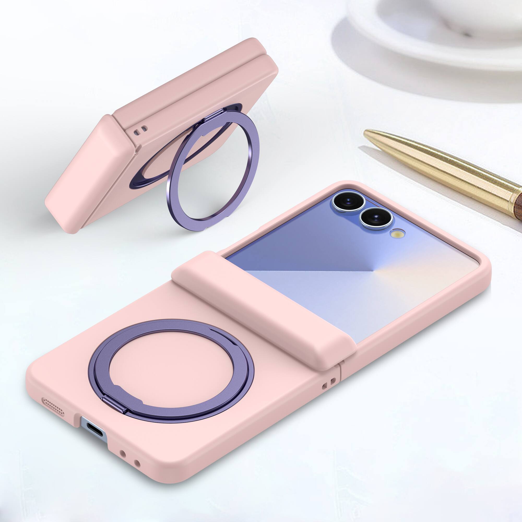 Angle. Dteck - for Samsung Galaxy Z Flip7 Matte Case,Shockproof Hard PC Cover with Hinge Protection,Rugged Rotatable Kickstand Case - Pink.
