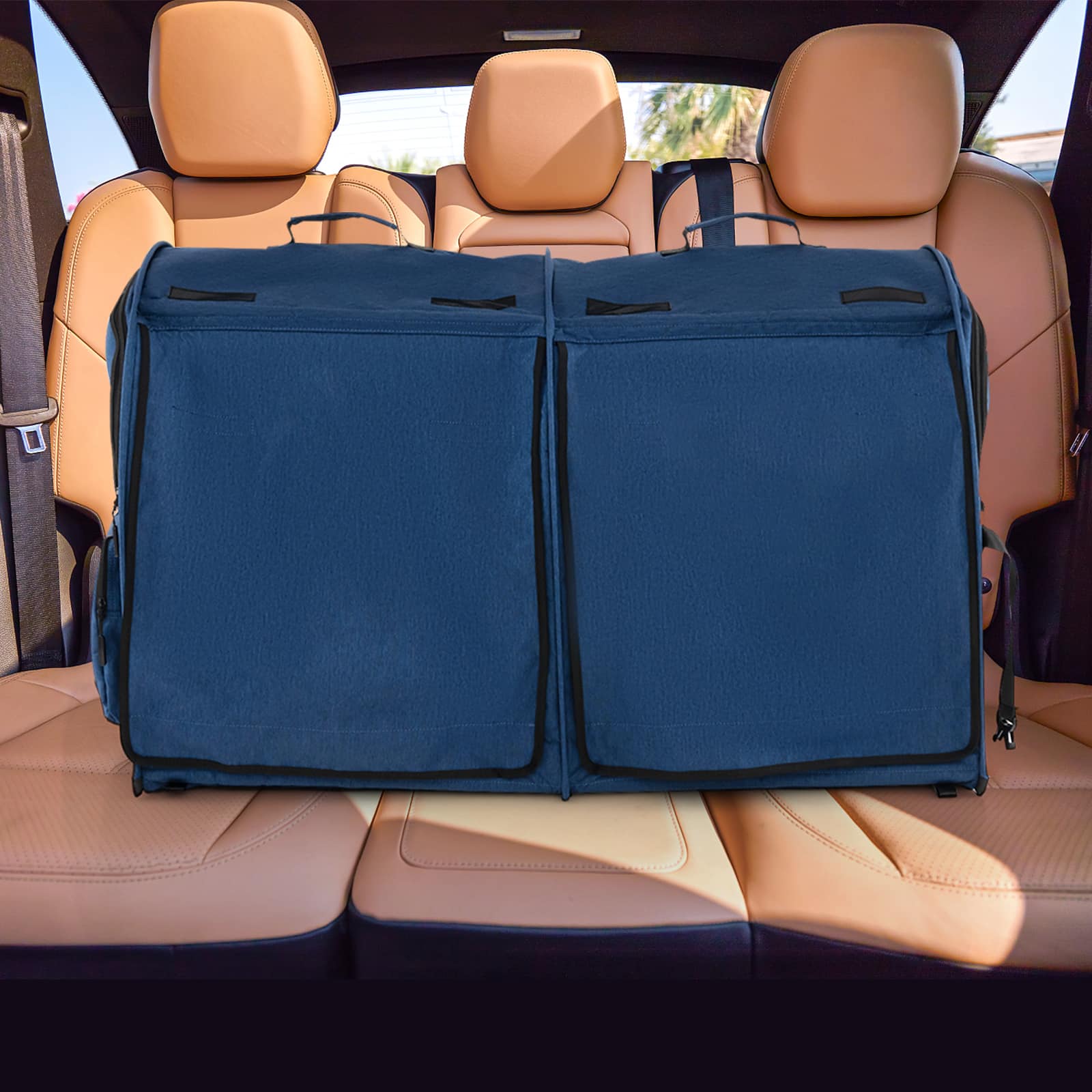 Left. Costway - Portable Pet Carrier Kennel Cat Dog Crate Twin Compartments w/ Mats Litter Box - Navy Blue.