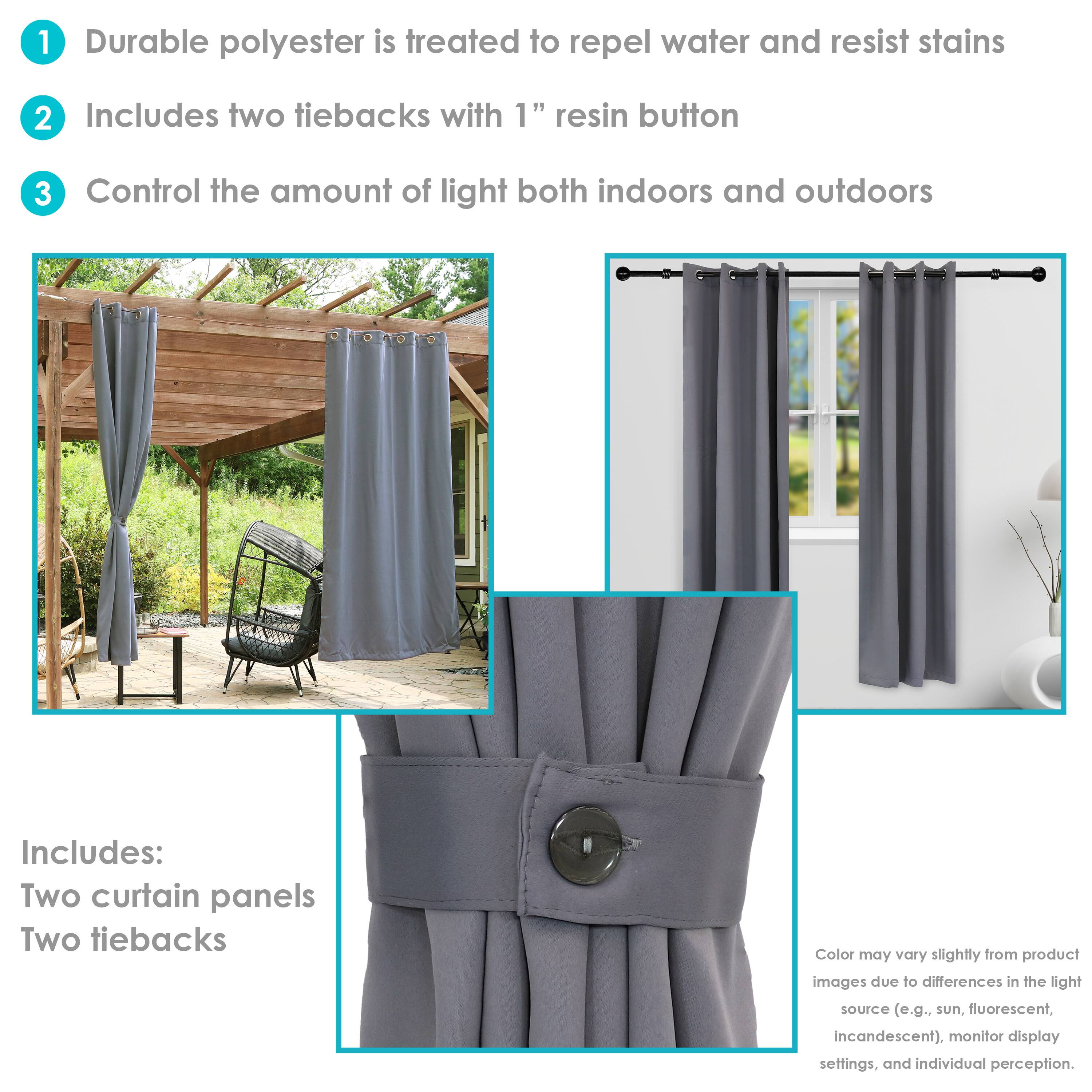 1. Durable polyester is treated to repel water and resist stains.
2. Includes two tiebacks with 1" resin button.
3. Control the amount of light both indoors and outdoors.

Includes:
- Two curtain panels
- Two tiebacks

Color may vary slightly from product images due to differences in the light source (e.g., sun, fluorescent, incandescent), monitor display settings, and individual perception.