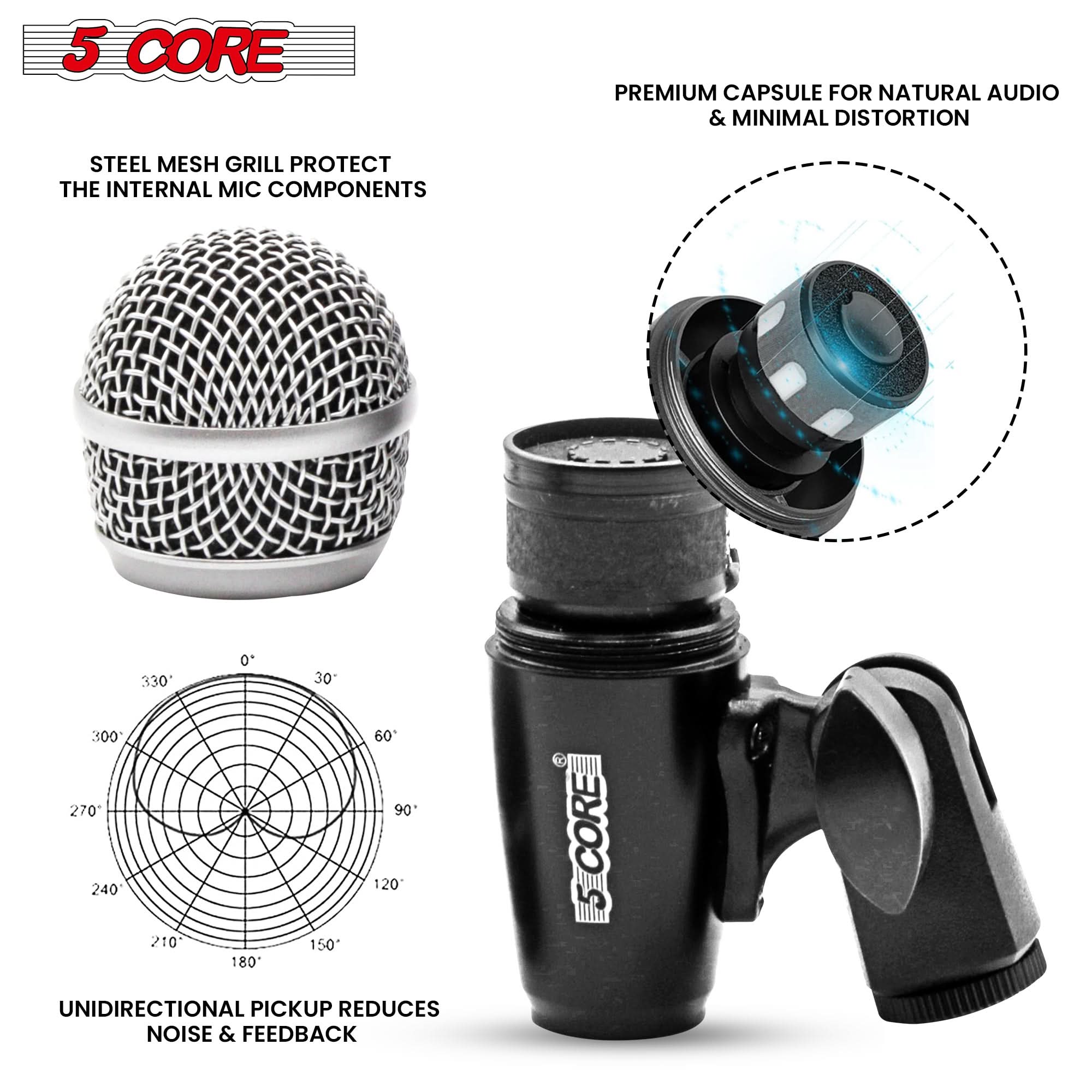 5 CORE

STEEL MESH GRILL PROTECT THE INTERNAL MIC COMPONENTS

PREMIUM CAPSULE FOR NATURAL AUDIO & MINIMAL DISTORTION

UNIDIRECTIONAL PICKUP REDUCES NOISE & FEEDBACK