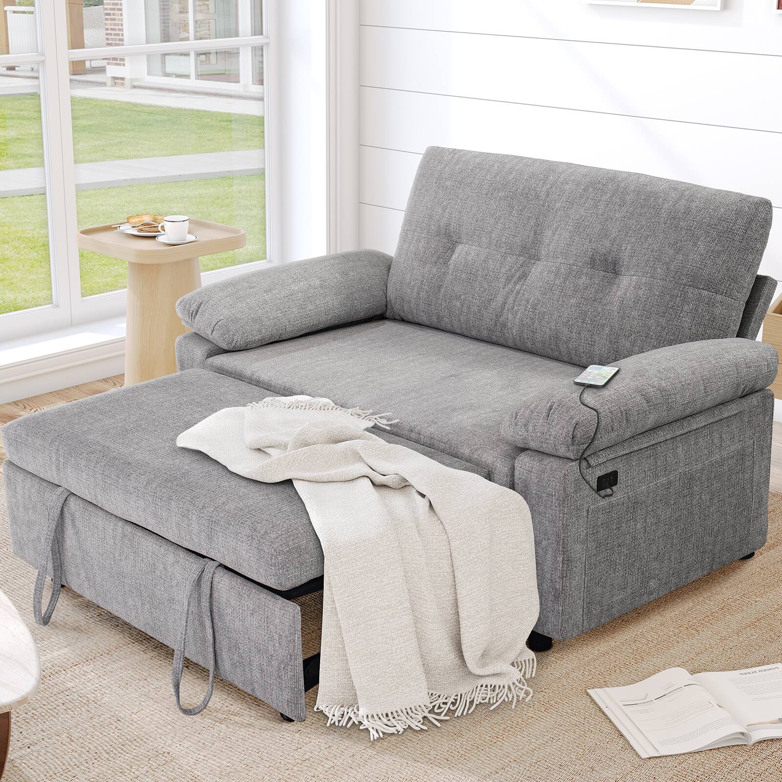 Front. Dyonery - Dyonery 58-inch convertible sofa bed with side pockets, adjustable backrest, tool-free assembly - Grey.