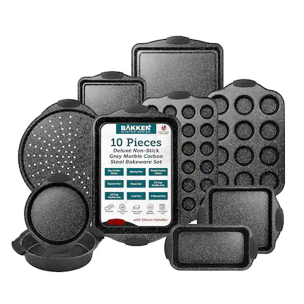 BKKEN ASTES GESidn OH - 10 Pieces Deluxe Non-Stick Gray Marble Carbon Steel Bakeware Set Big Cookie Sheet Baking Pan Small Cookie Sheet Square Pan Pizza Pan Muffin Pan Round Pan Loaf Pan with Silicon Handles