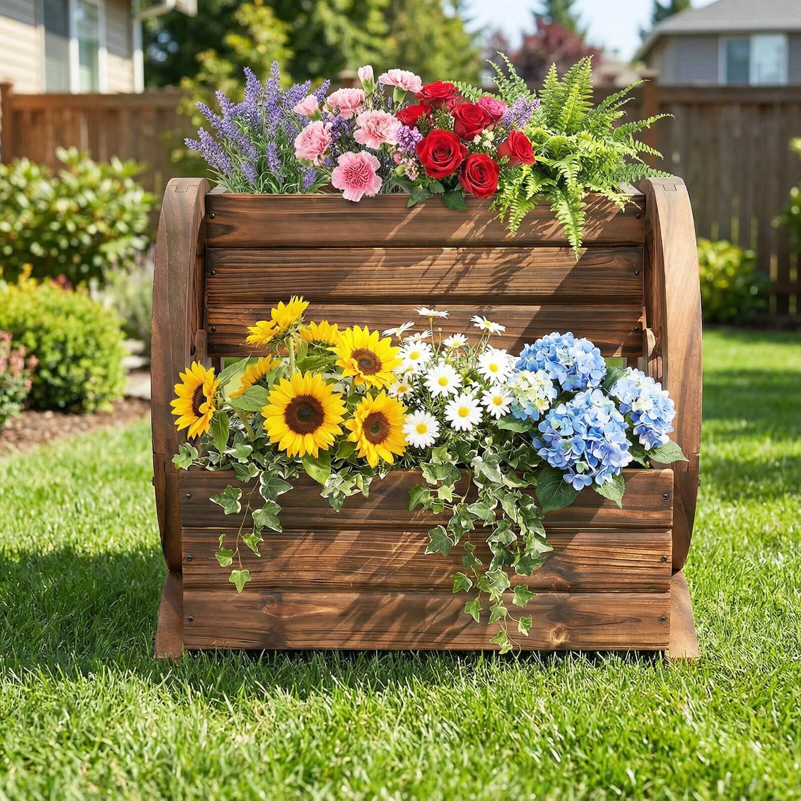 Alt View 4. Costway - Costway 1 PCS 2-Tier Rustic Wagon Planter Box with Drainage Holes&Wheels for Patio Balcony Garden - Coffee.