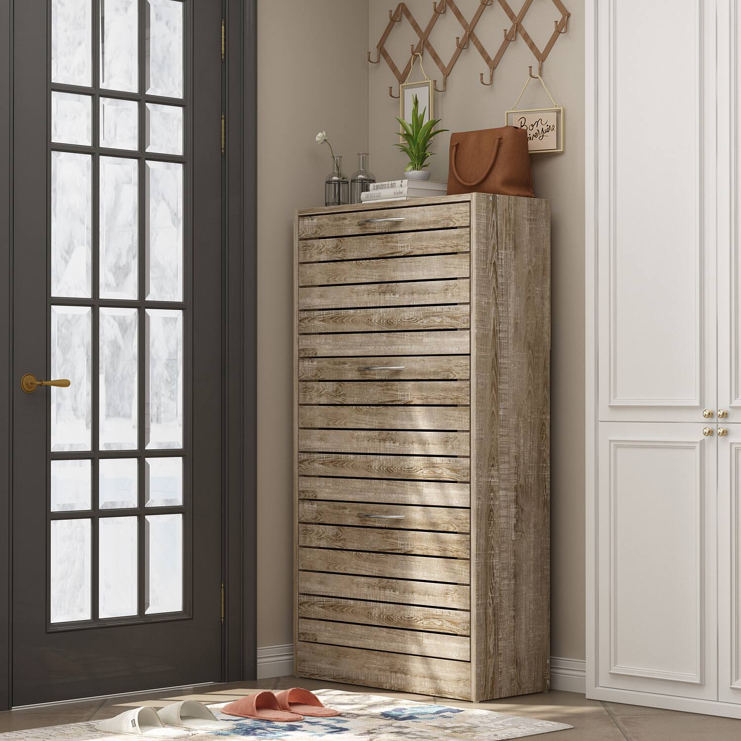 Alt View 4. Famapy - Famapy Rustic Wood Shoe Cabinet with 3 Flip - Down Drawers & Adjustable Shelves – Ideal for Entryway Organization - Wooden.