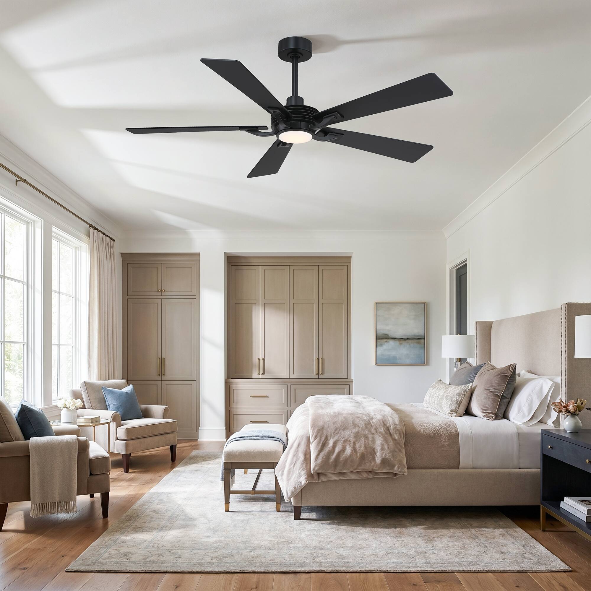 Left. Parrot Uncle - 56" Modern Black 5-Blade Ceiling Fan with Dimmable Light and Remote - Black.