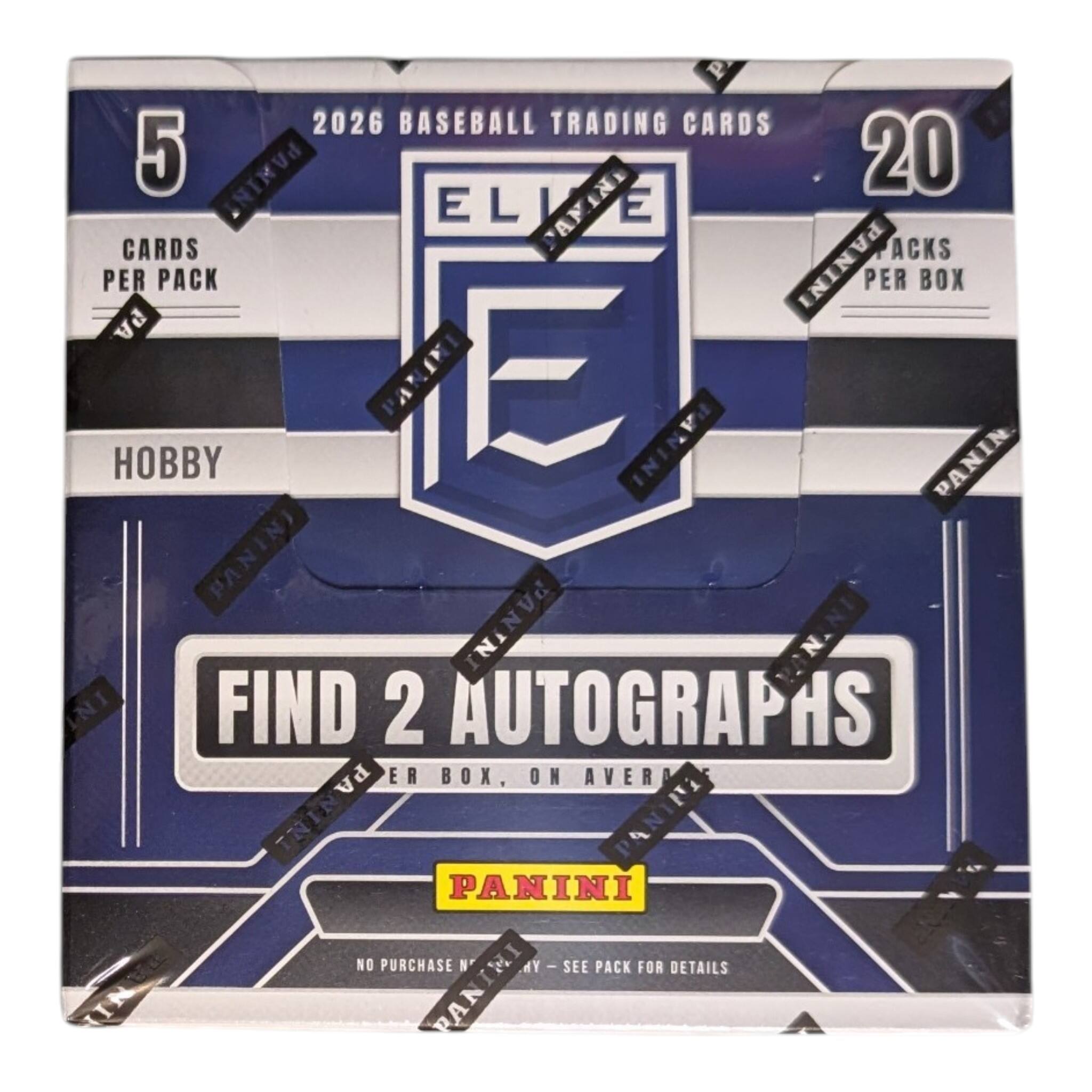 2026 BASEBALL TRADING CARDS  
5 CARDS PER PACK  
20 PACKS PER BOX  
Hobby  
FIND 2 AUTOGRAPHS PER BOX, ON AVERAGE  
PANINI  
NO PURCHASE NECESSARY - SEE PACK FOR DETAILS