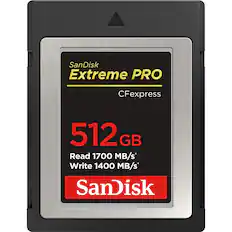 SanDisk Extreme PRO CFexpress 512 GB
Read 1700 MB/s
Write 1400 MB/s*
SanDisk