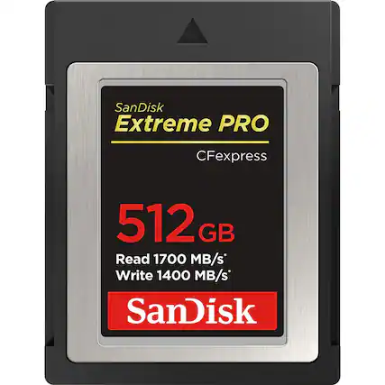 SanDisk Extreme PRO CFexpress 512 GB
Read 1700 MB/s
Write 1400 MB/s*
SanDisk