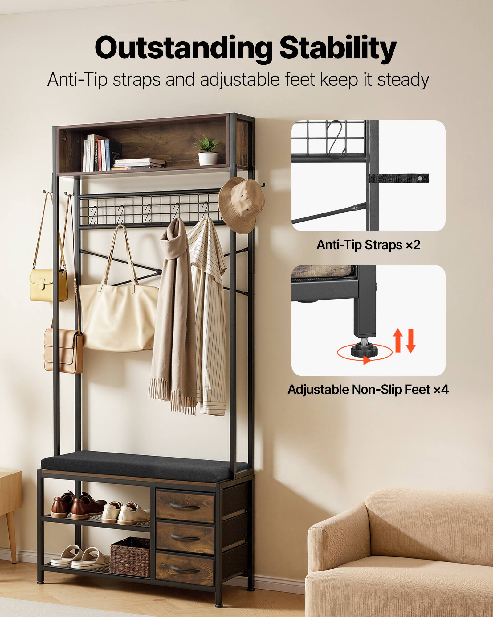 Outstanding Stability  
Anti-Tip straps and adjustable feet keep it steady  
Anti-Tip Straps x2  
Adjustable Non-Slip Feet x4