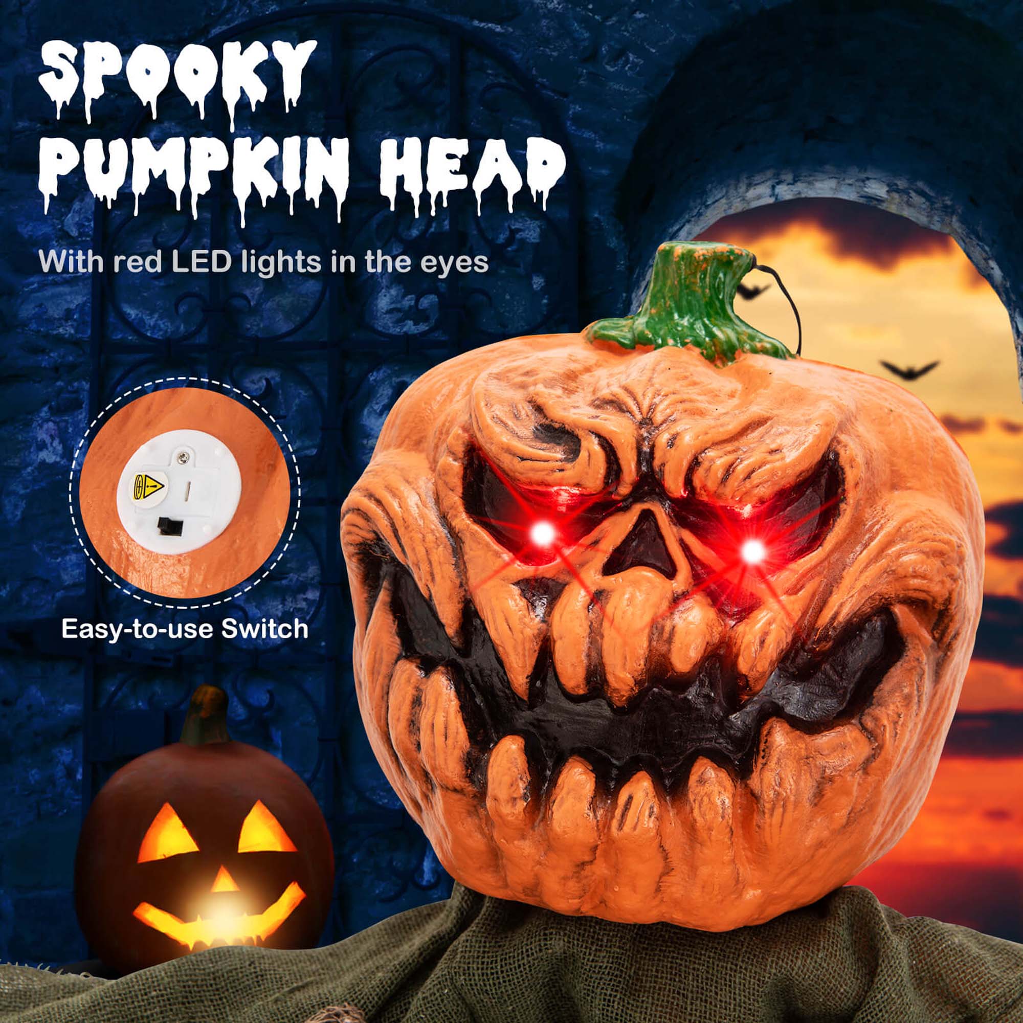 SPOOKY PUMPKIN HEAD with red LED lights in the eyes. Easy-to-use switch.