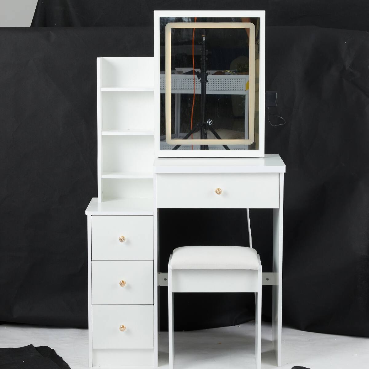 Back. Loheer - Loheer Small Makeup Vanity with LED Mirror, White, 29.2 Inch, Padded Stool - White.