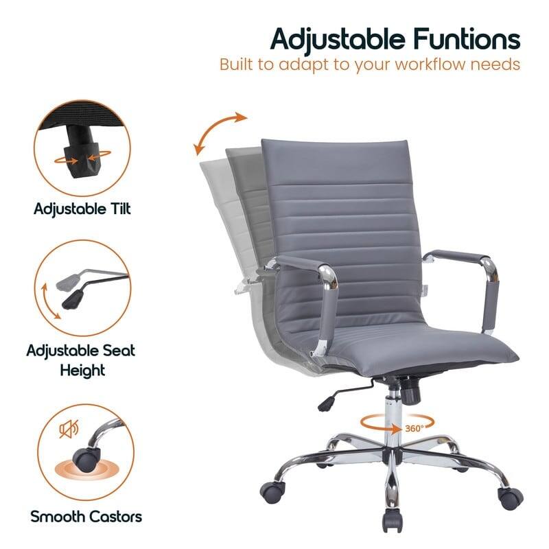 Adjustable Functions  
Built to adapt to your workflow needs  

- Adjustable Tilt  
- Adjustable Seat Height  
- Smooth Castors  
- 360°