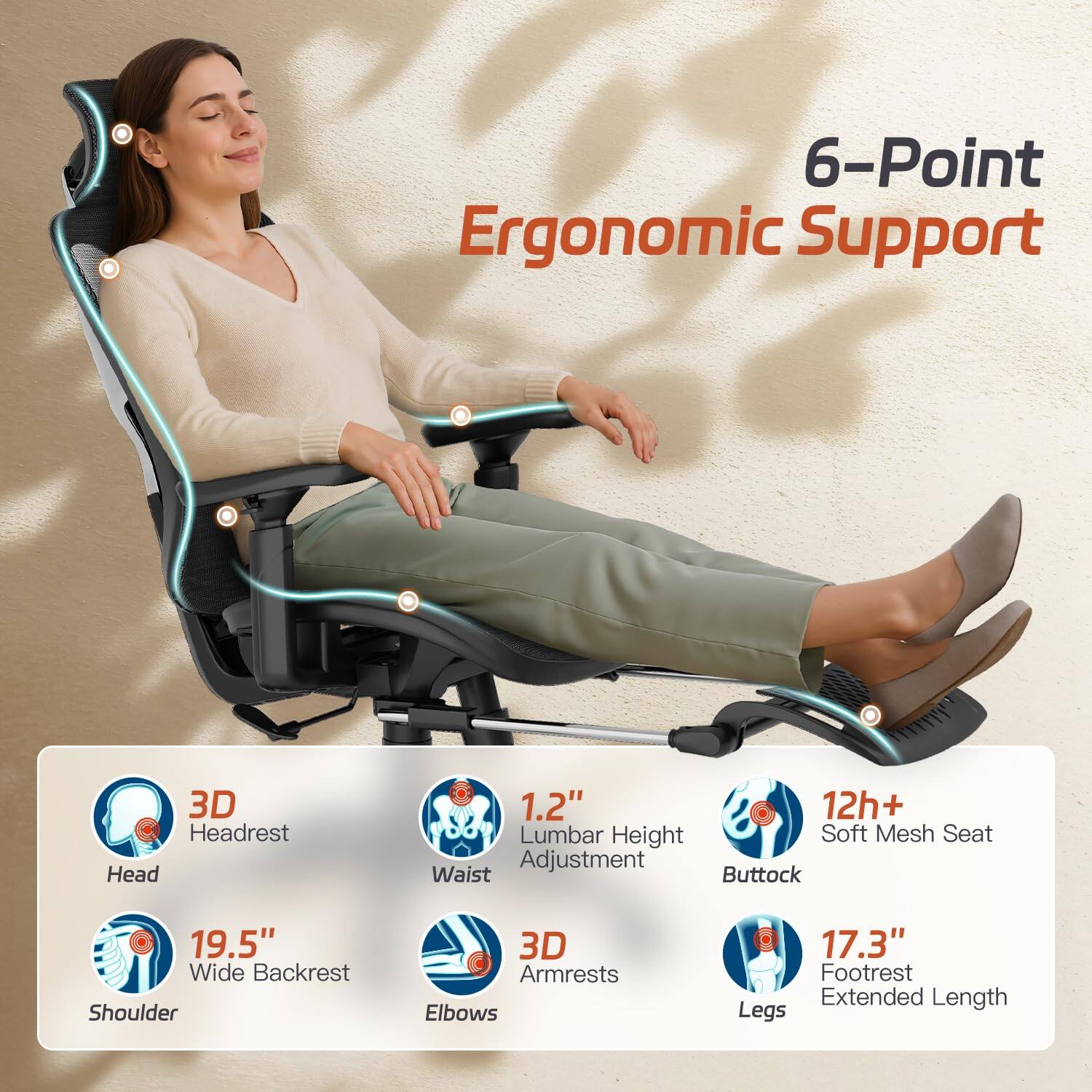 6-Point Ergonomic Support

- 3D Headrest
- 1.2" Lumbar Height Adjustment
- 12h+ Soft Mesh Seat
- 19.5" Wide Backrest
- 3D Armrests
- 17.3" Footrest Extended Length

- Head
- Waist
- Buttock
- Shoulder
- Elbows
- Legs