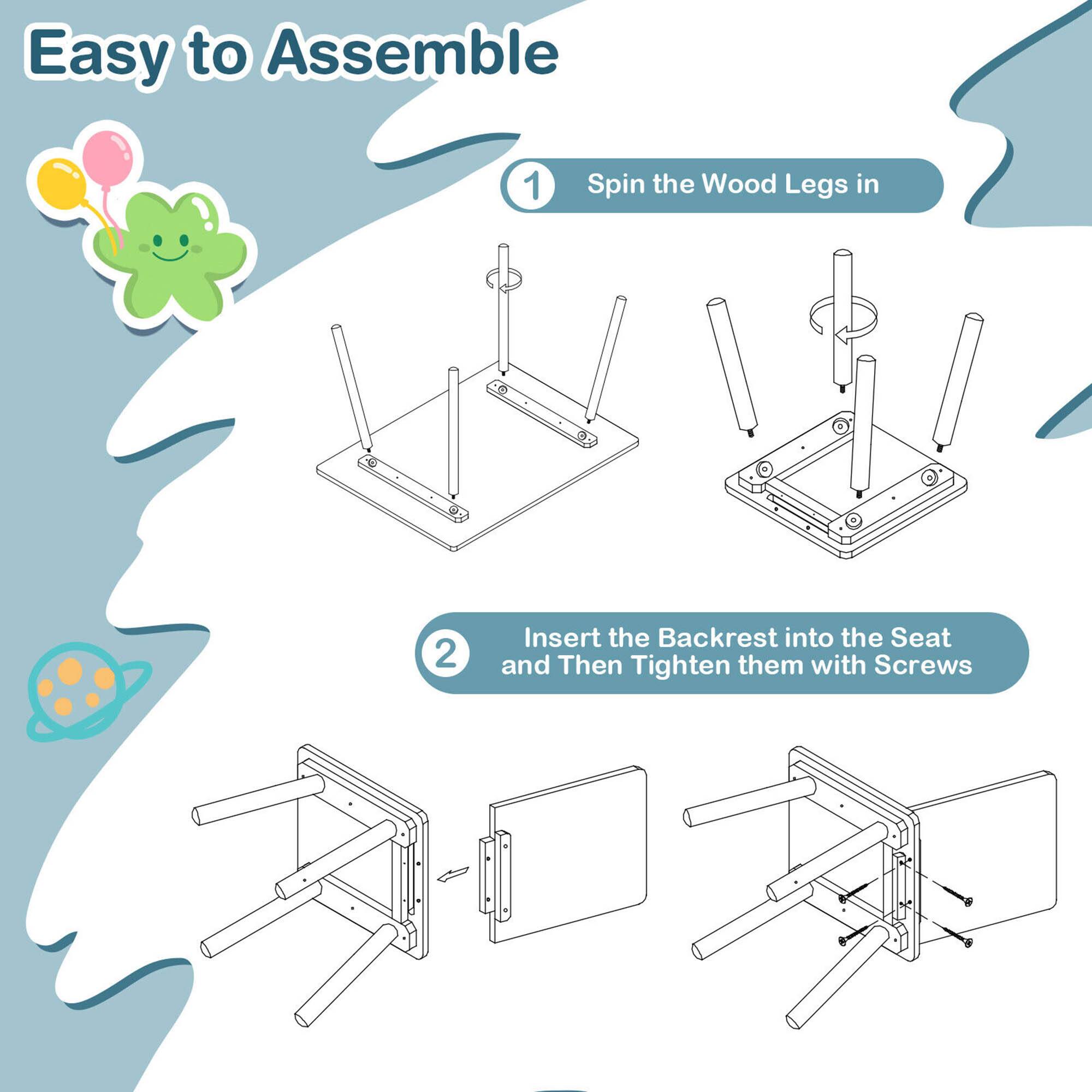 Easy to Assemble

1. Spin the Wood Legs in

2. Insert the Backrest into the Seat and Then Tighten them with Screws