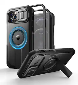 dexnor - Case for iPhone 12/12 Pro Bumper Cases with Camera Cover,kickstand&Built-in Screen protector - Black