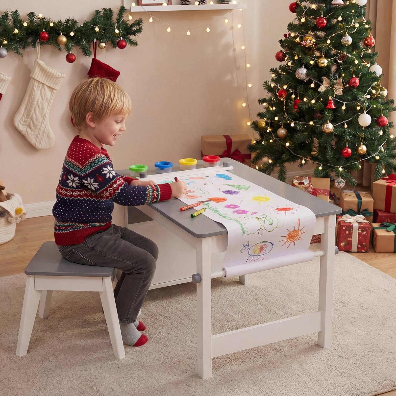 Alt View 3. Gymax - Gymax Kids Art Table & Stool w/Paper Roll 2 Bins & Large Storage for Drawing Reading - Grey.